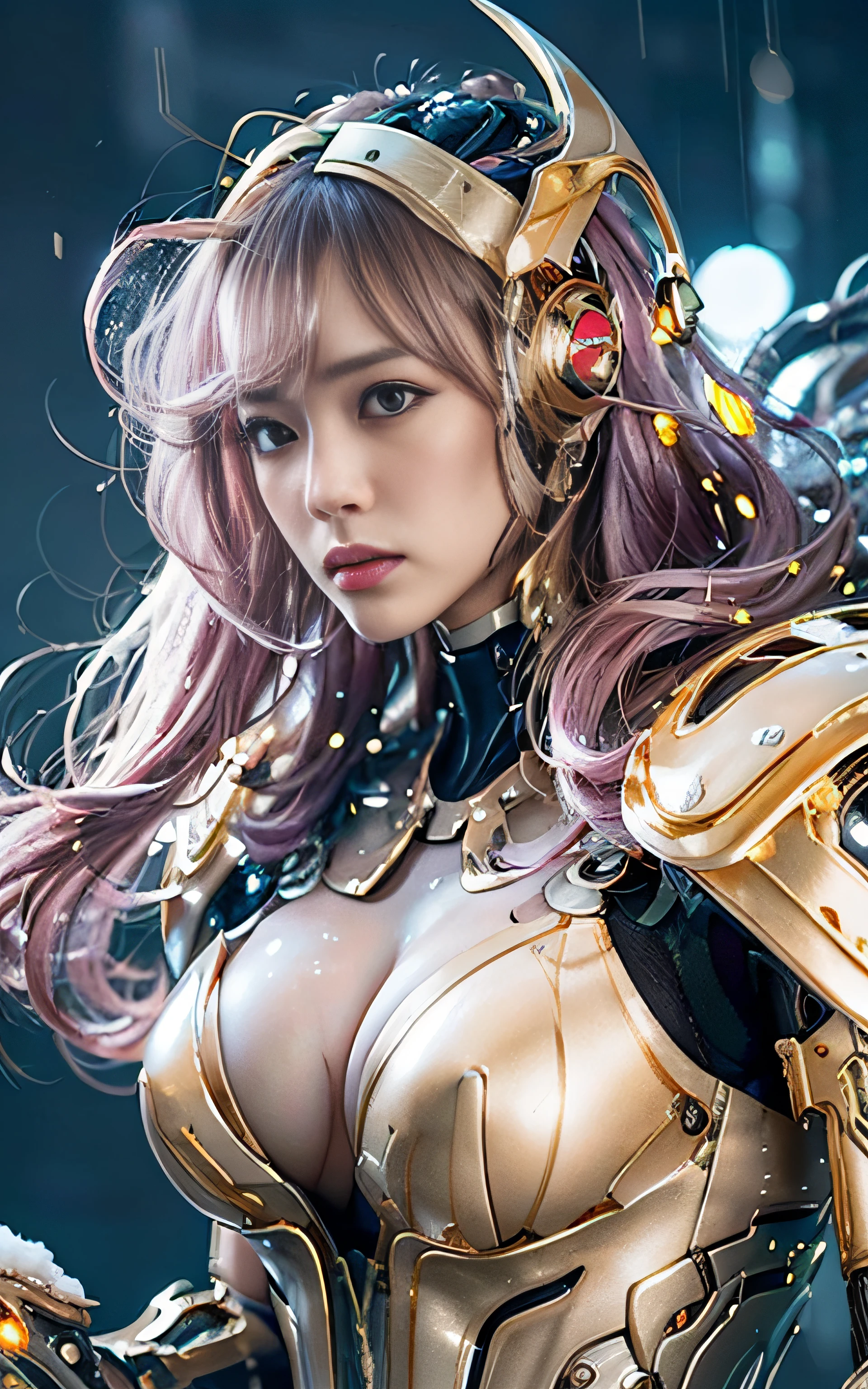 ​masterpiece, top-quality, hightquality, (the future:1.1), (Pink gold cyberpunk suit), movie lights, (exquisite future), Beautiful and beautiful, ultra-detailliert, amazing composition, floating, depth of fields, (extremely details CG,Unity 8k壁纸), (beautiful detail background), beautiful hair details, dramatic lights, gogetta, mechs,Best Quality,超A high resolution,photoRealstic,tits out,cleavage of the breast,(Hair that flutters in the wind),((Angle from below)),(Angry look),(Fashion poses),((thunder)),(struck by heavy rain),(wetting hair),snow blowing,