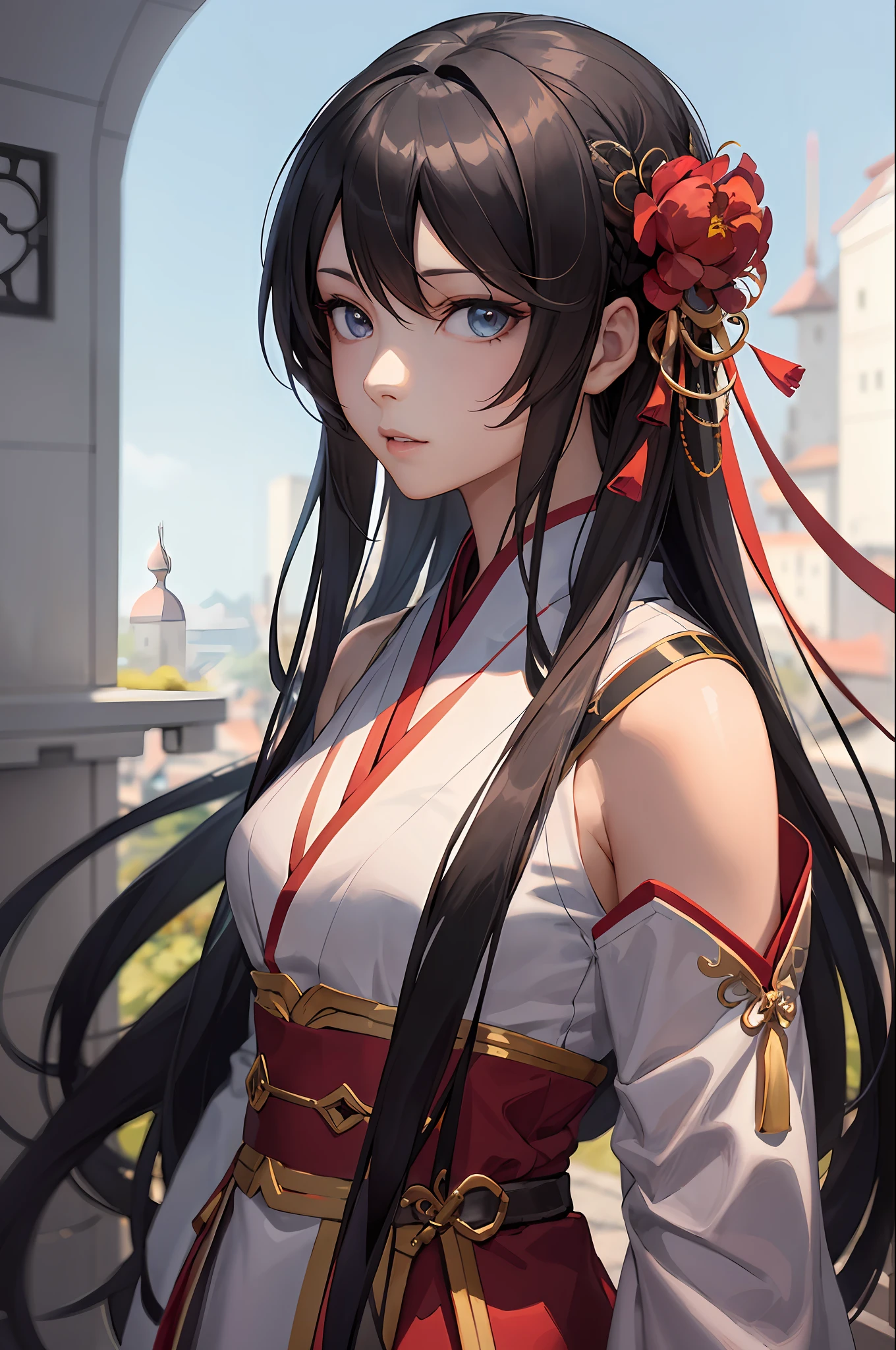anime girl with long hair and a flower in her hair, a character portrait by Yang J, Trend of CGsociety, Fantasy art, a beautiful anime portrait, detailed portrait of an anime girl, A girl in Hanfu, Guviz-style artwork, Beautiful anime girl, portrait anime girl, Beautiful character painting, Guviz, Portrait of an anime girl
