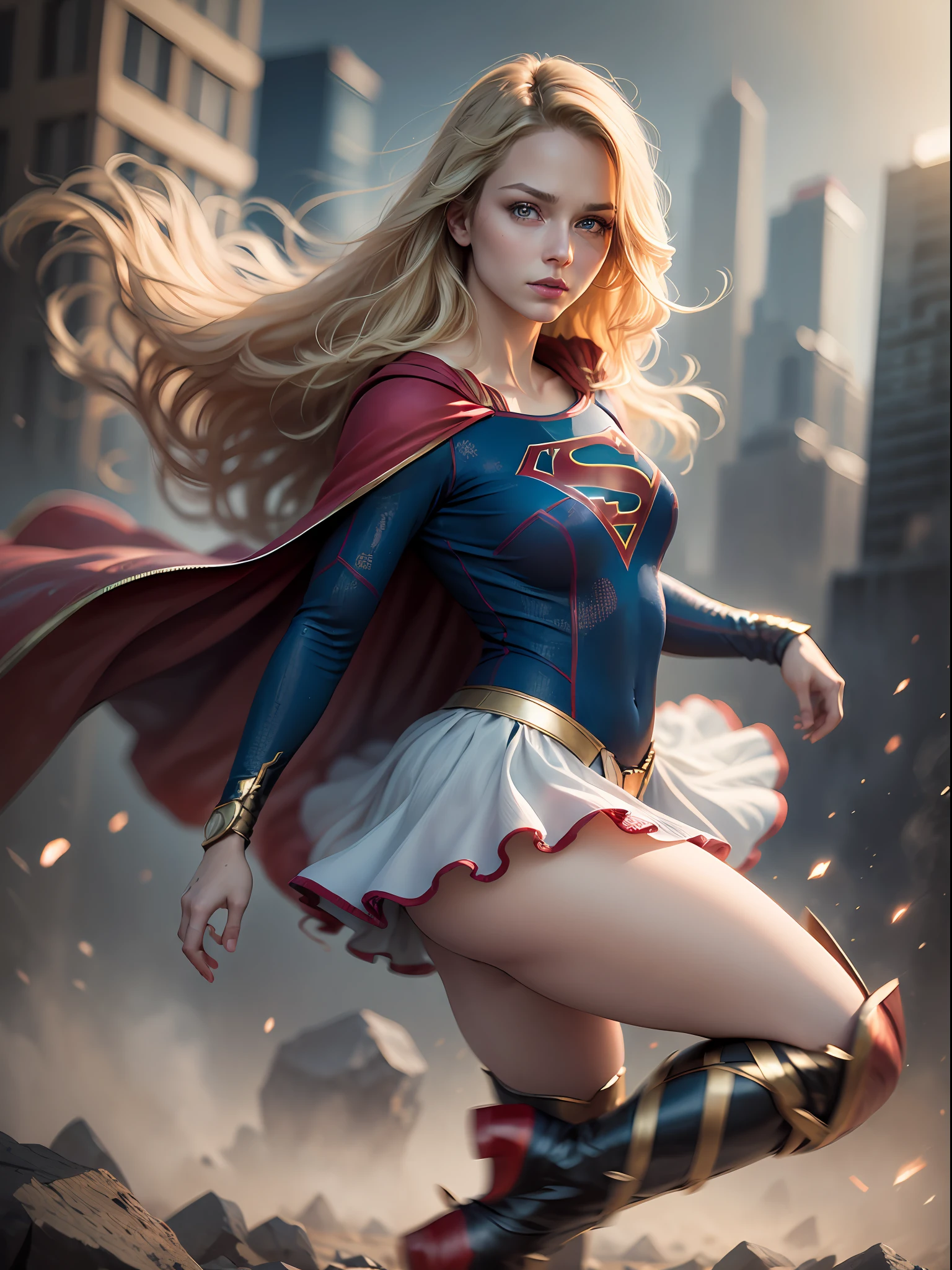 supergirl, blue eyes, blonde hair, long hair, cape, superhero, skirt, boots, (blonde girl:1.5), (realistic:1.2), (hero view:1.2), (realism:1.2), (masterpiece:1.2), (best quality), (ultra detailed), (8k, intricate), (85mm), light particles, lighting, (highly detailed:1.2), (detailed face:1.5), (gradients), sfw, colorful, (detailed eyes:1.5), (detailed background), (dynamic angle:1.2), (dynamic pose:1.2), (rule of third_composition:1.3), (Line of action:1.2), wide shot, daylight, solo.