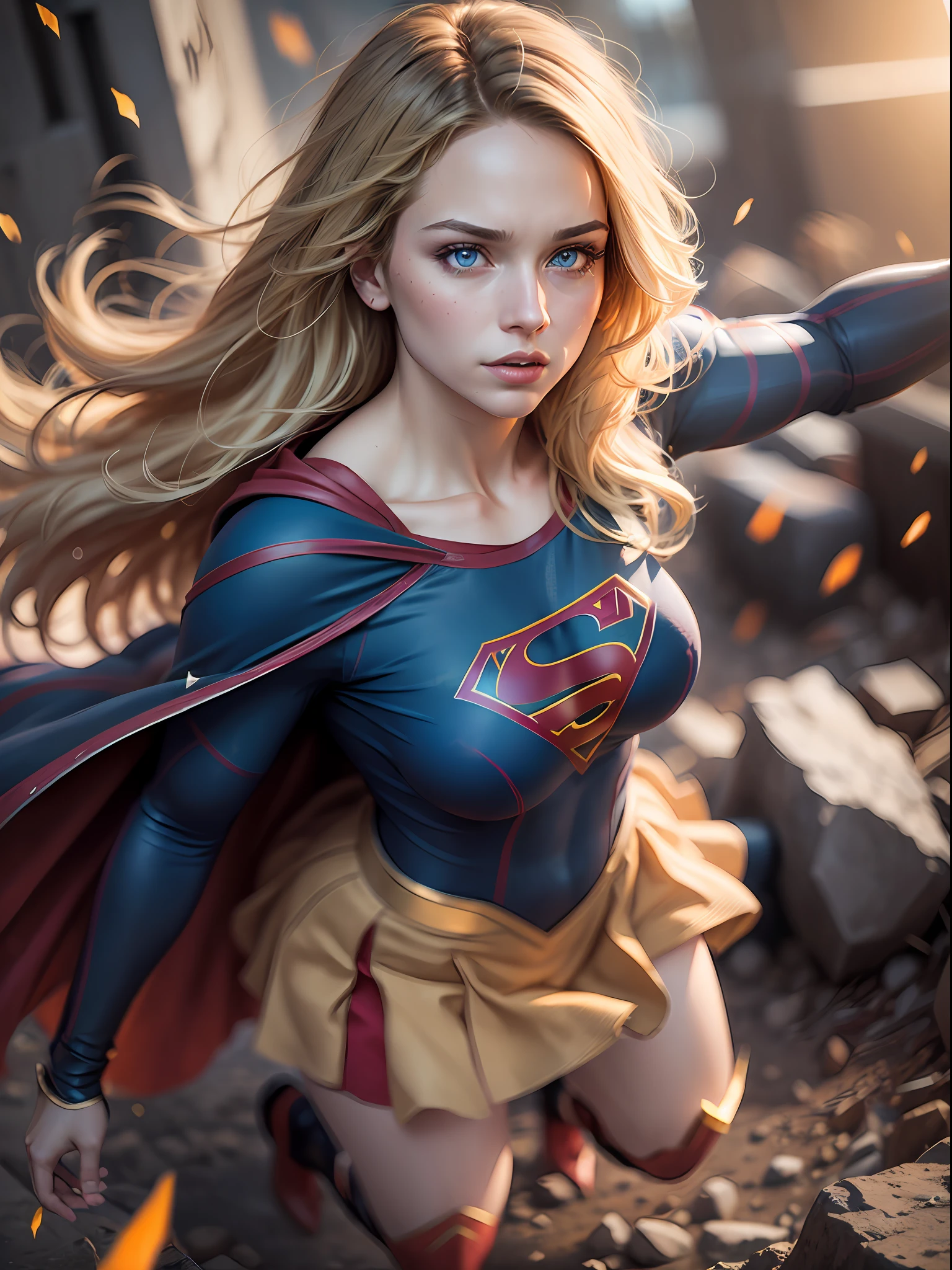 supergirl, blue eyes, blonde hair, long hair, cape, superhero, skirt, boots, (blonde girl:1.5), (realistic:1.2), (hero view:1.2), (realism:1.2), (masterpiece:1.2), (best quality), (ultra detailed), (8k, intricate), (85mm), light particles, lighting, (highly detailed:1.2), (detailed face:1.5), (gradients), sfw, colorful, (detailed eyes:1.5), (detailed background), (dynamic angle:1.2), (dynamic pose:1.2), (rule of third_composition:1.3), (Line of action:1.2), wide shot, daylight, solo.