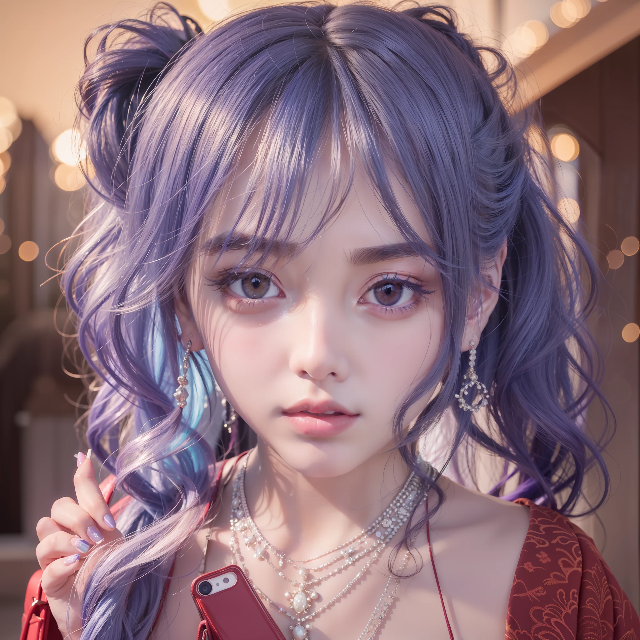 Realistic1.2,2girls,Blue hair,Purple eye,glowing light eyes,Cut the top,a skirt,parted lip,Be red in the face,the night,fresh flowers,suns,rays of sunshine,Holding a red iPhone,Beautiful and moving,Japan goddess,Take the pink female LV bag,Big Goddess