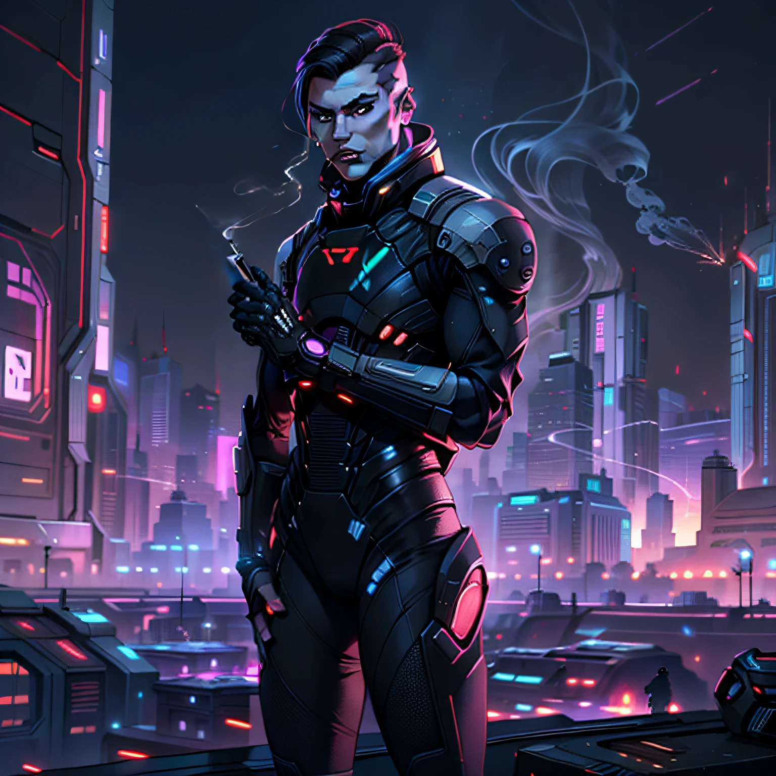 human, man, standing, smoking a cigarette, black smart sci-fi suit, against the backdrop of a city of the future, a little neon lights in the background, mass effect, no cybernetics, mass effect