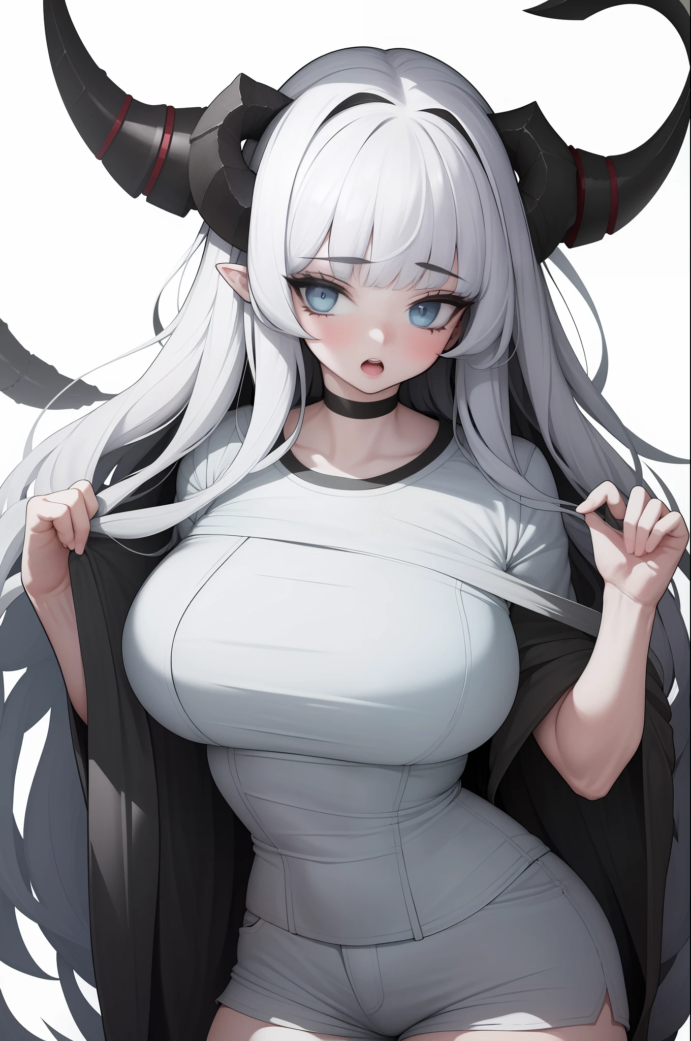 Girl, 独奏, Standing, upper-body,
white colored hair, Long hair, curly hair, messy  hair, (blunt bangs:1.2), Horns, Sheep horns, White horns,
blue eyes, looking at the viewer,
Choker, white  shirt, white shorts, Short shorts, White Thighs, (denture:1.2),
curved, Large, covered breasts,
(whitebackground, Single background:1.4), wlsdnjs950, (Thick lines:1.2),