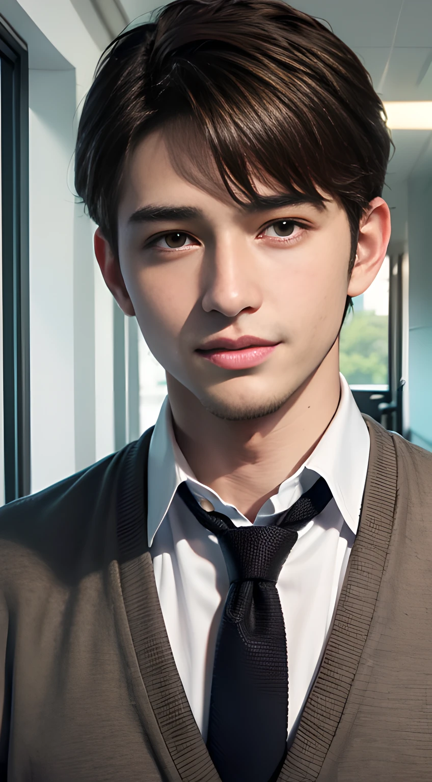 ((Man only)), (head Shot), (handsome muscular high school boy in the classroom of high school), short brown hair, (He resembles Chris Redfield from Resident Evil), He is wearing a pink cardigan and a tie, Mischievous smile, (detaile: 1 in 1), Natural muscles, HIG quality, beautidful eyes, (Detailed face and eyes), (Face、: 1 / 2), Noise, Real Photographics、... ..............................................................PSD, Sharp Focus, High resolution 8K, realisitic & Professional Photography, 8K UHD, Soft lighting, High quality, Film grain, FujifilmXT3