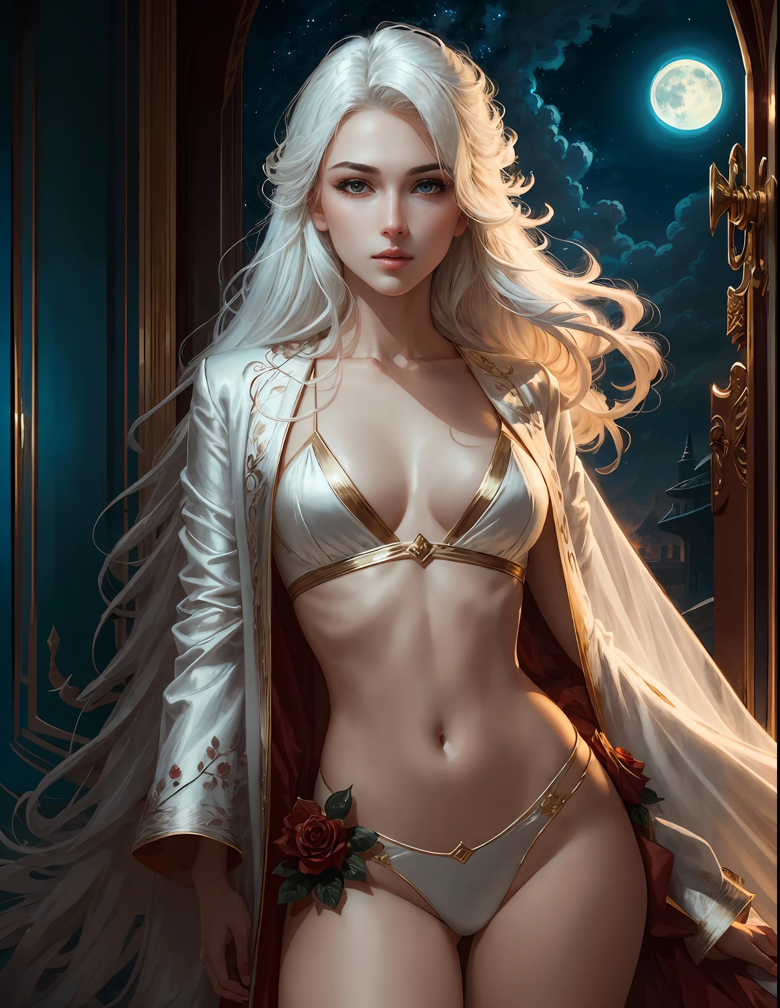 masterpiece, highest quality, (solo focus), (perfect face:1.1), (high detail:1.1),dramatic, 1guy, (pale skin), long white hair, white eyes, [light eyebrows], solo, long hair, moon, night, white luxury suit, covered navel, pouty lips, (beauty marks),  palace, detailed background, art by artgerm and greg rutkowski,  cinematic lighting, roses, suggestive
