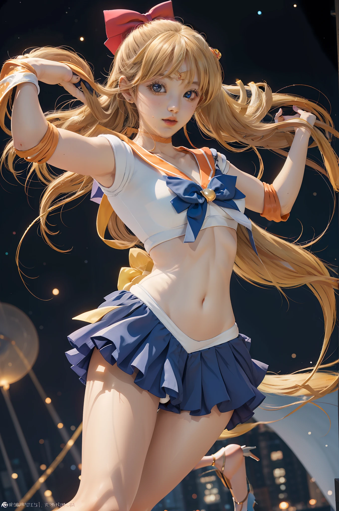 high-level image quality、Sailor Venus Costume、orange colors、Large ribbon on the chest of Sailor Venus、Photo,White panty、Orange high heels for Sailor Venus、rialistic photo、An ultra-high picture quality、Panties showing off a rolled up skirt、ｒBeautiful armpits、Beautiful white panties、Live-action quality、Crotch wide open、I can see my panties.、Beautiful facial features、beautiful thigh、Ultra mini skirt、sailorvenus、poneyTail、Spread your crotch wide、a close up of a woman in a costume posing for a picture, White panty、A sexy、Anime girl cosplay, Sailor Moon Style, Anime Cosplay, Beautiful armpits、Beautiful navel、Sailor Moon!! Beautiful, cosplay foto, Cosplay,  Real Photographics, Inspired by Yang J