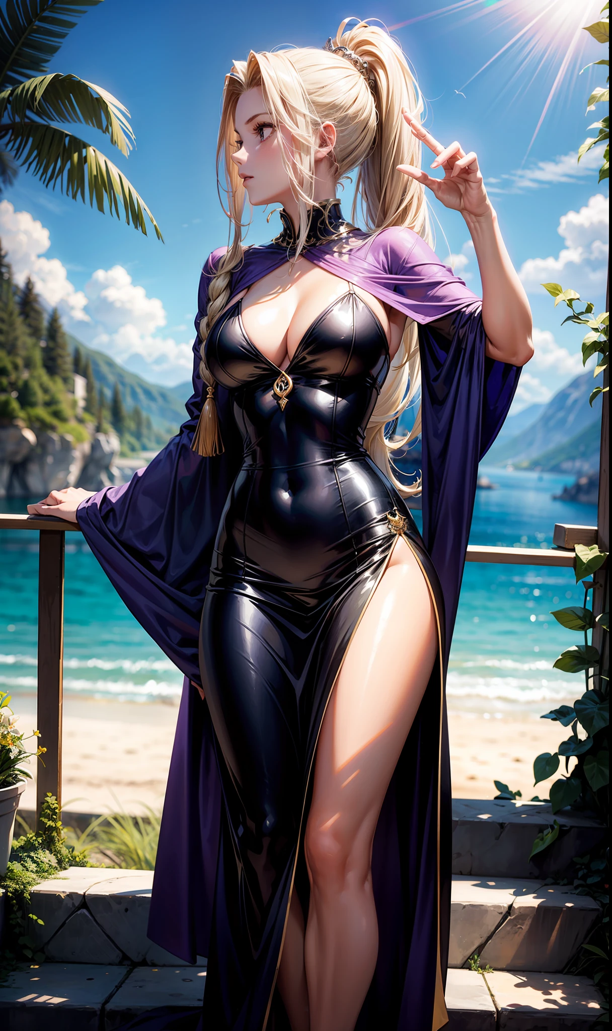 A girl in a magic robe,Pure woman,Tall guy,fully body photo,Look into the distance,High ponytail,Model figure,Sexy gesture,Medusa,