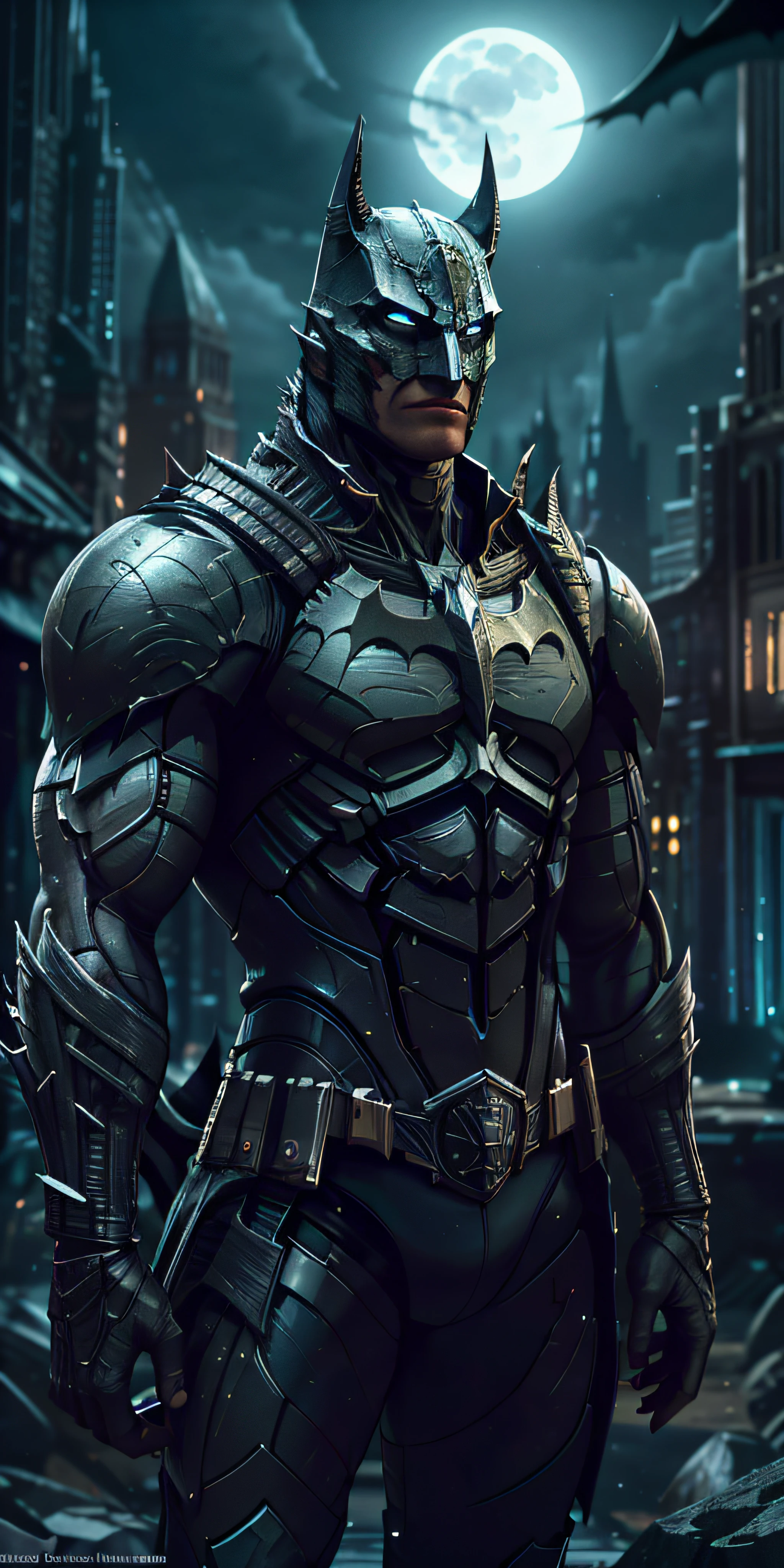 Batman from the dark knight stands imposing in a gothic lost city. Moonlight highlights your muscles and scars. The scenery is lush and mysterious, with futuristic tech and surroundings. The camera details everything, a warrior woman, in front of him.