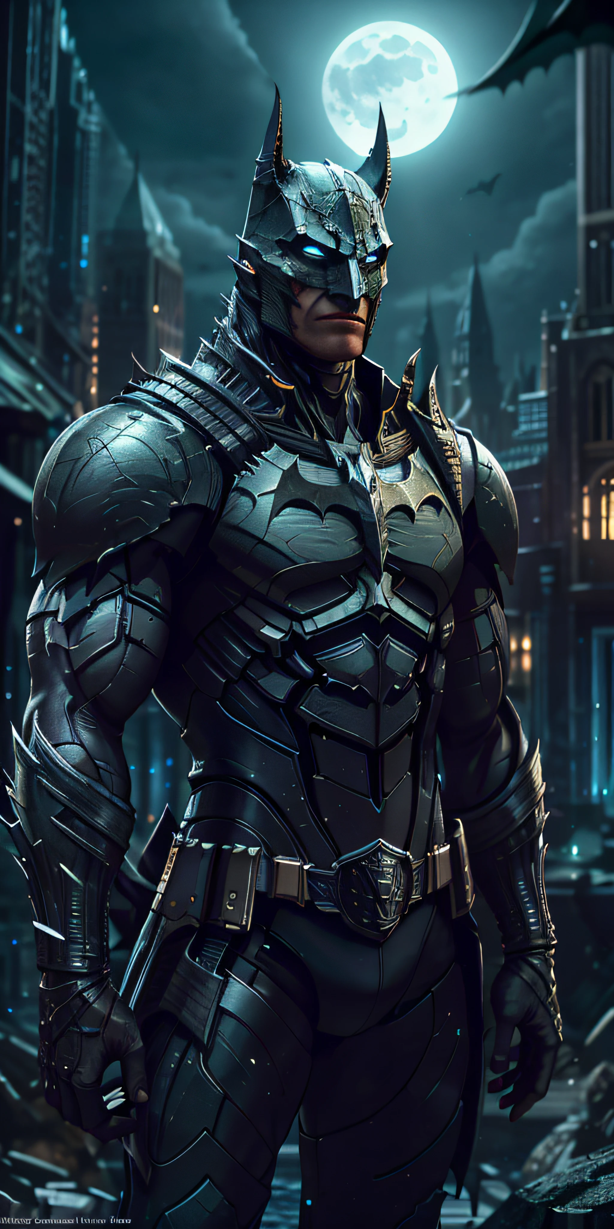 Batman from the dark knight stands imposing in a gothic lost city. Moonlight highlights your muscles and scars. The scenery is lush and mysterious, with futuristic tech and surroundings. The camera details everything, a warrior woman, in front of him.