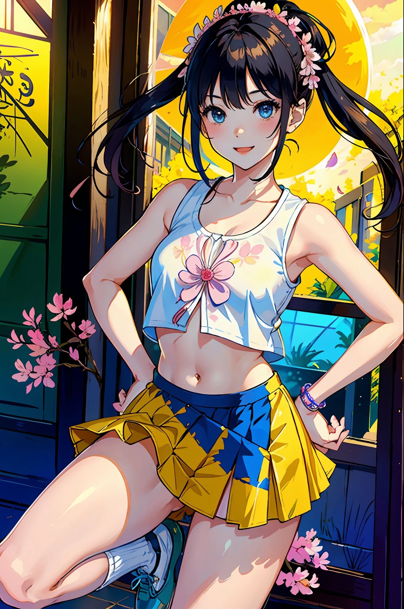 masterpiece、top-quality、1girl, (colourfull),(Beautiful eyes and fine faces in the details)、电影灯光,Highly detailed CG Unity 8k wallpapers, A dark-haired,独奏,a smile,Double Mini Pleated Skirt,Sexy Sleeveless、((flying petal)),sports ground、sun shine, Fantasia,a navel、Beautiful waist、high socks、espadrilles