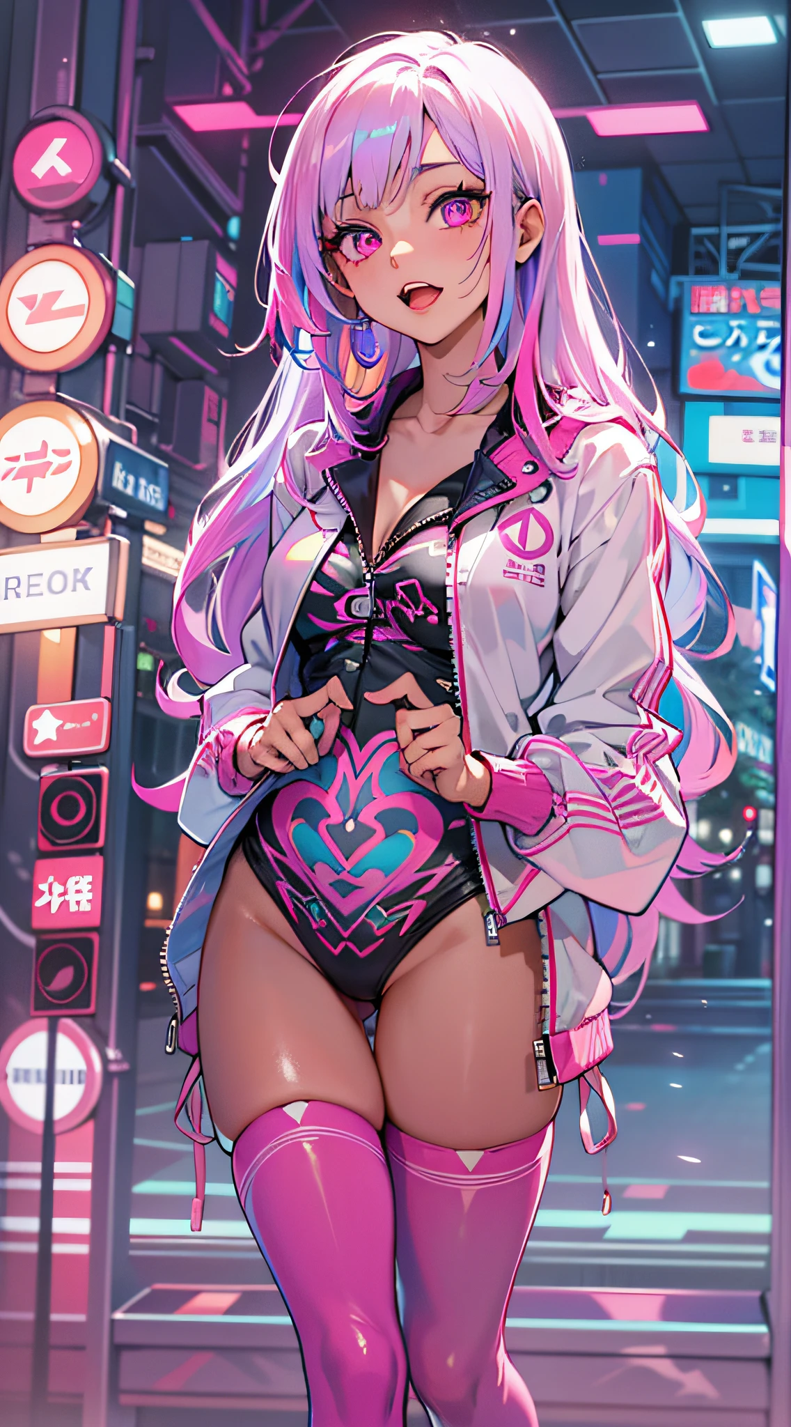 ((Masterpiece)), best quality, absurderes, ultra detailed, holographic, cowboy shot, super cute girl, mature girl, super beautiful asian girl with very beautiful violet glowing eyes, beautiful glowing white multicolored hair, nice and sexy body, slim body, perfect body, wearing super tight anime printed boxers, an anime printed super tight shirt, super aesthetic pink jacket, looking to a glowing mirror, seeing a different version of her from other universe