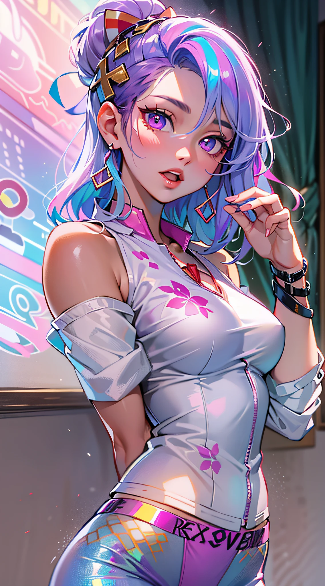((Masterpiece)), best quality, absurderes, ultra detailed, holographic, cowboy shot, super cute girl, mature girl, super beautiful asian girl with very beautiful violet glowing eyes, beautiful glowing white multicolored hair, nice and sexy body, slim body, perfect body, wearing super tight anime printed boxers, an anime printed super tight shirt, super aesthetic pink jacket, looking to a glowing mirror, seeing a different version of her from other universe