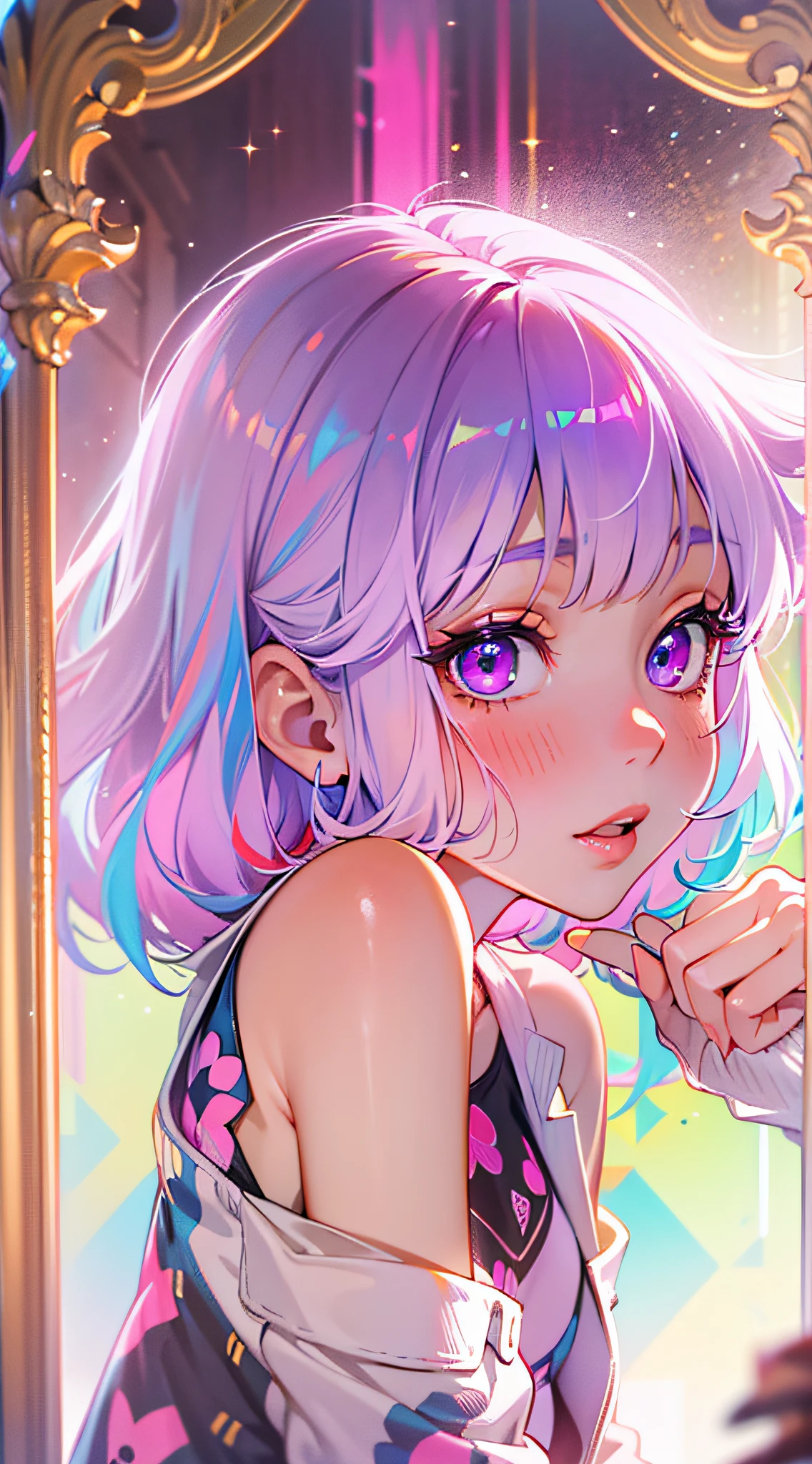 ((Masterpiece)), best quality, absurderes, ultra detailed, holographic, cowboy shot, super cute girl, mature girl, super beautiful asian girl with very beautiful violet glowing eyes, beautiful glowing white multicolored hair, nice and sexy body, slim body, perfect body, wearing super tight anime printed boxers, an anime printed super tight shirt, super aesthetic pink jacket, looking to a glowing mirror, seeing a different version of her from other universe