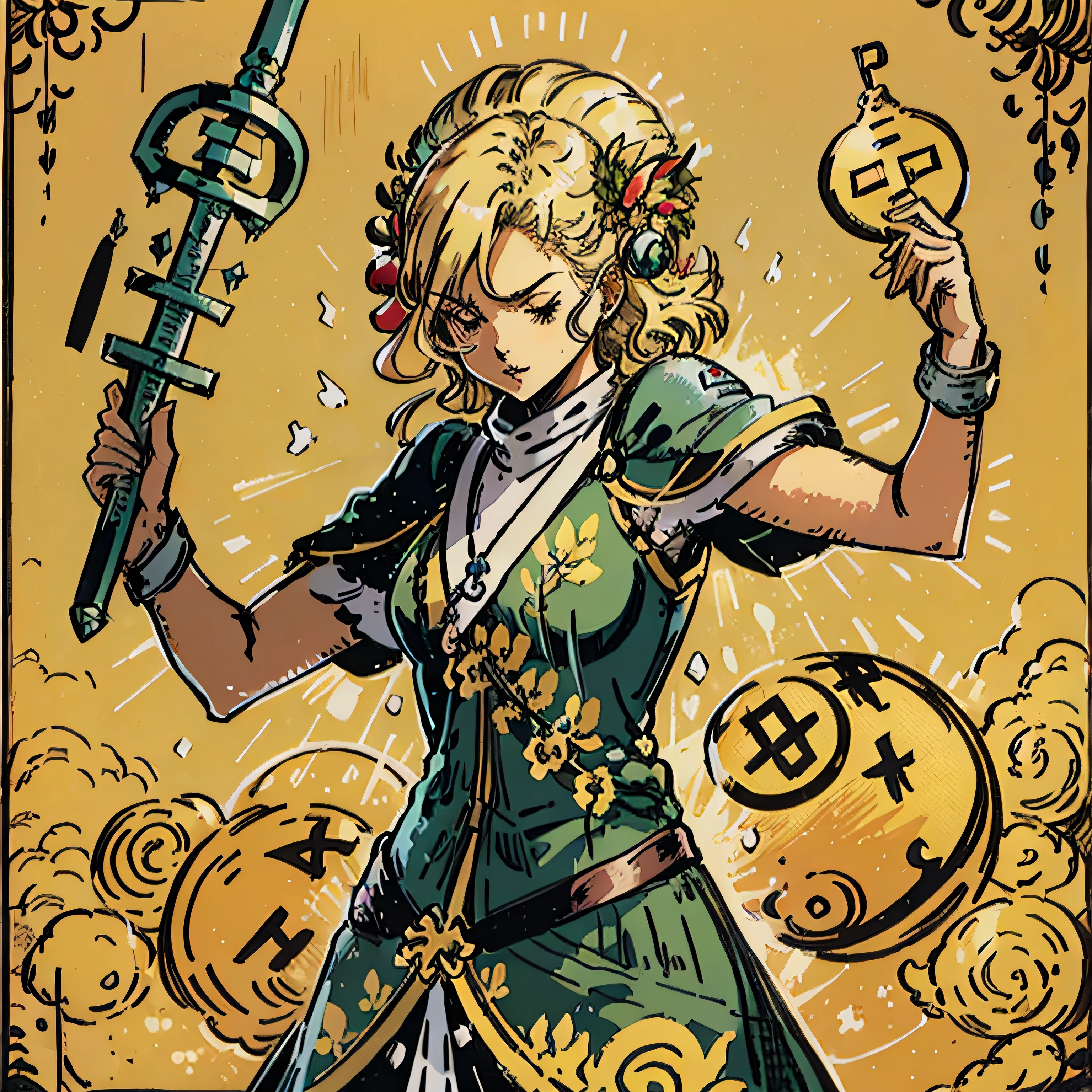 (blonde women), (cleric holding a caduceus), pretty, action pose, rpg fantasy