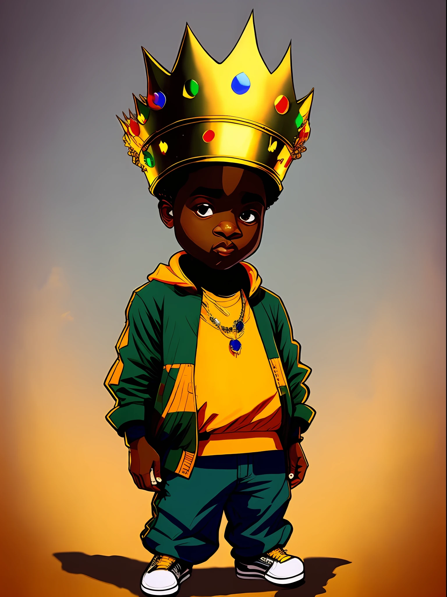 Picture of a boy standing, with a Golden Crown on his head, vestindo roupas estilo hip-hop, com uma corrente dourada