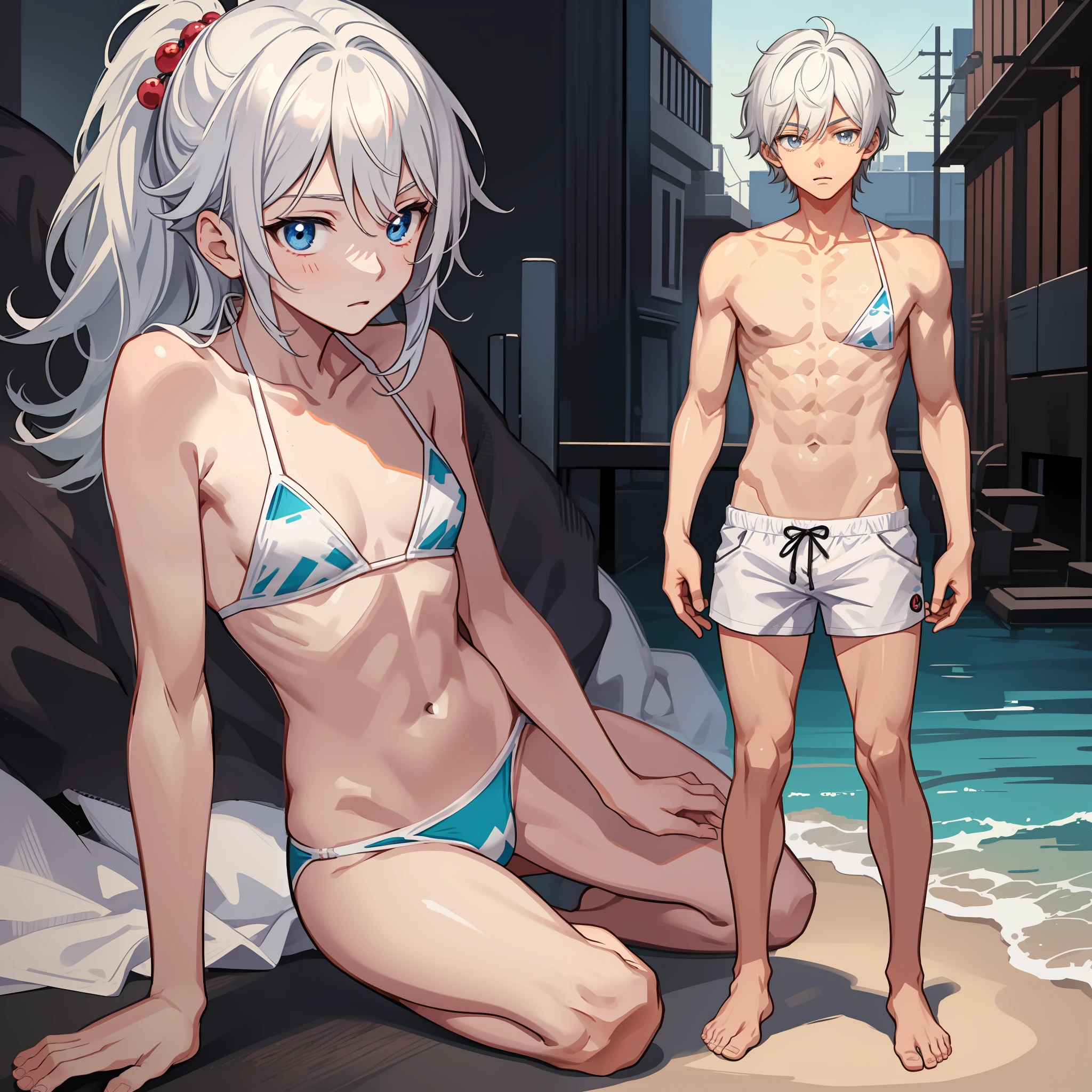 (Anime style+Soft cute)Cute and effeminate boy,white color hair,solo,barefoot,swimsuit,open clothes,highres,original,anatomically correct,super detail
