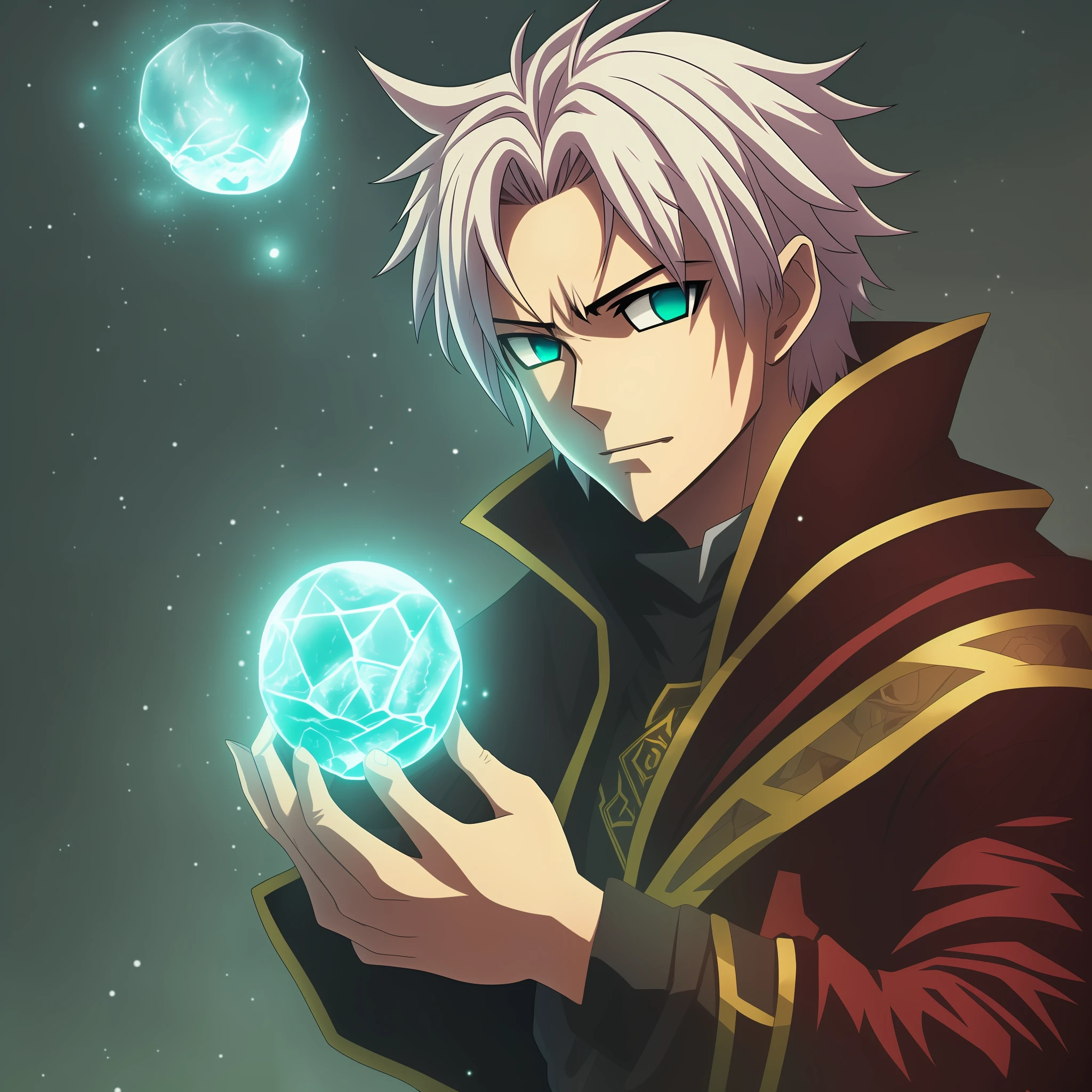 Mage Frost adolescente anime masculino, holding ice skull in left hand, Lutando