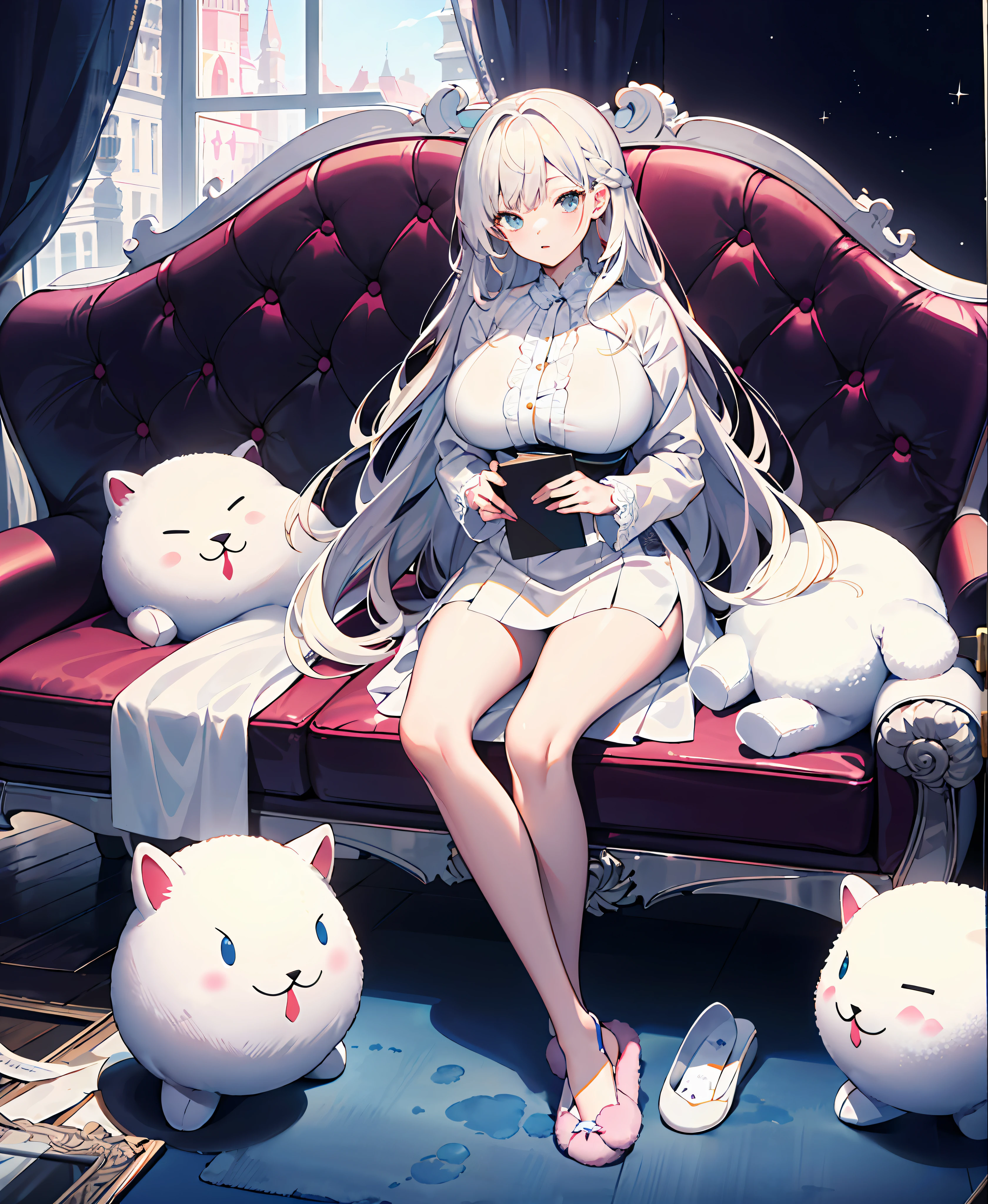 (tmasterpiece,best qualtiy:1.2),(ultra - detailed),(illustratio),Full body photo,A super beautiful girl,huge tit,Long white hair,Cotton slippers,White color blouse,lace-trim
