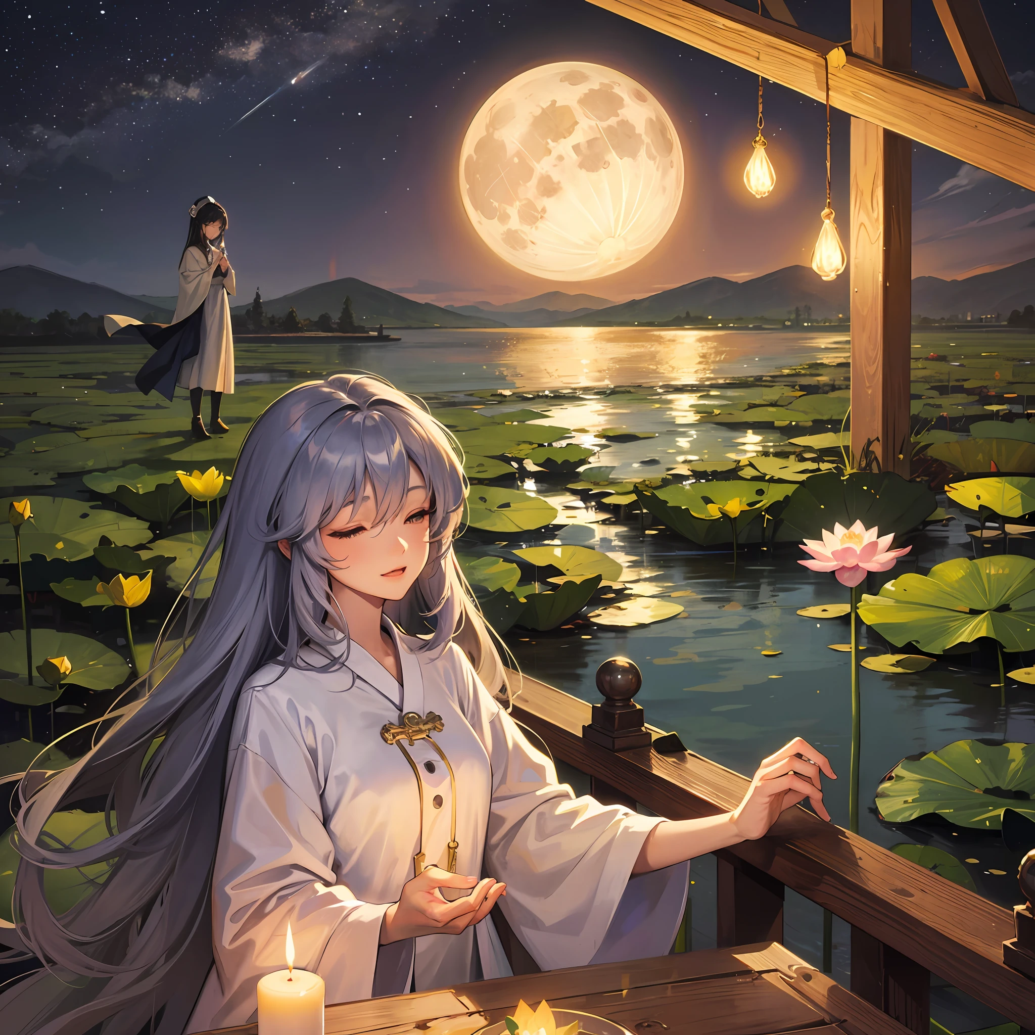 Full moon when the sky is by the river, A woman in period costume lights a candle lotus, Slowly put it into the river, Close your eyes and pray, A high resolution, hyper HD