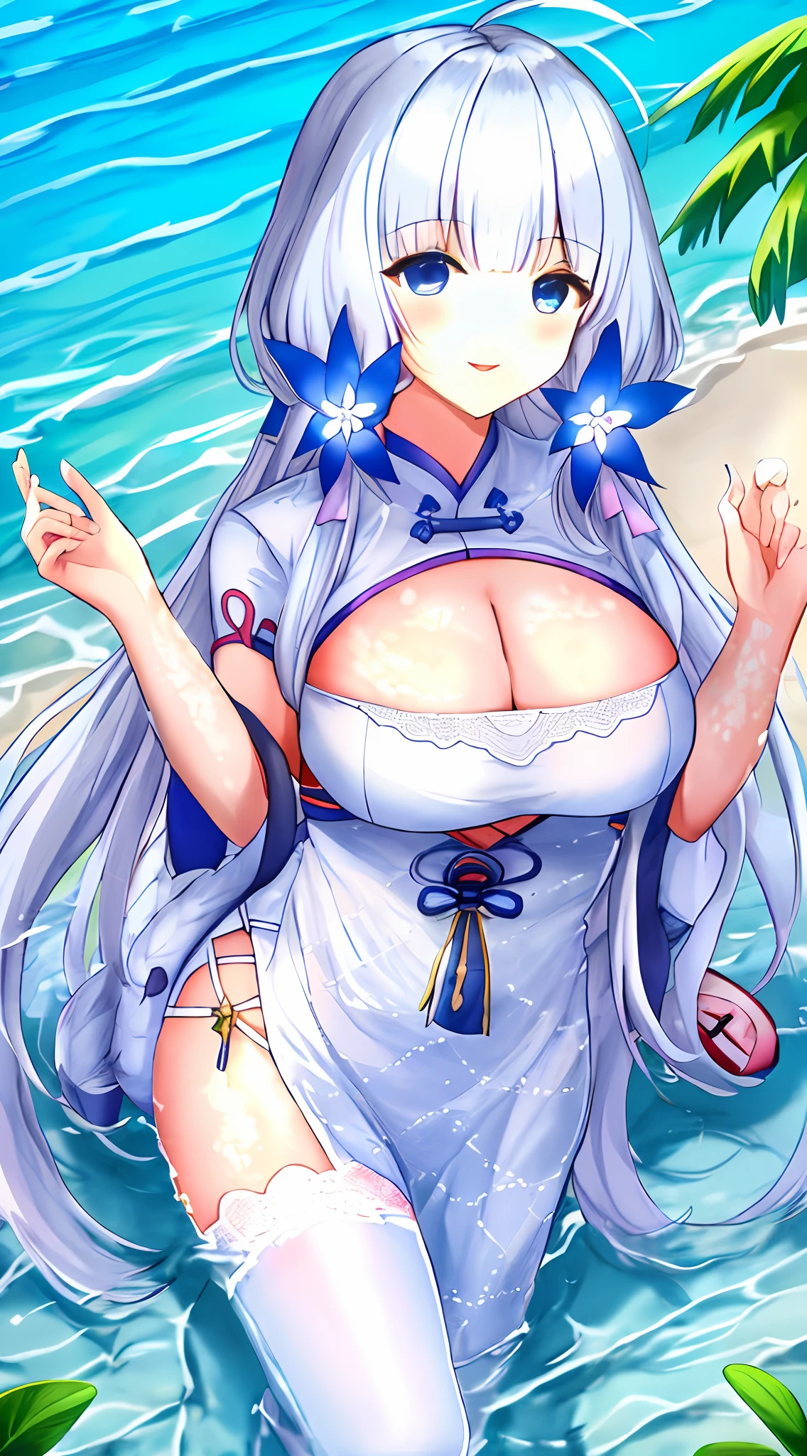 tmasterpiece, Best quality, 1girll, illustrious (maiden lily's radiance) (azur lane), whaite hair, extra very long hair, eBlue eyes, hair adornments, nedium breasts, cleavage, Dead reservoir water, Japanese-style clothes, Official alternative costumes, white thighhighs, swimming uniform, Dead reservoir water, beachside,