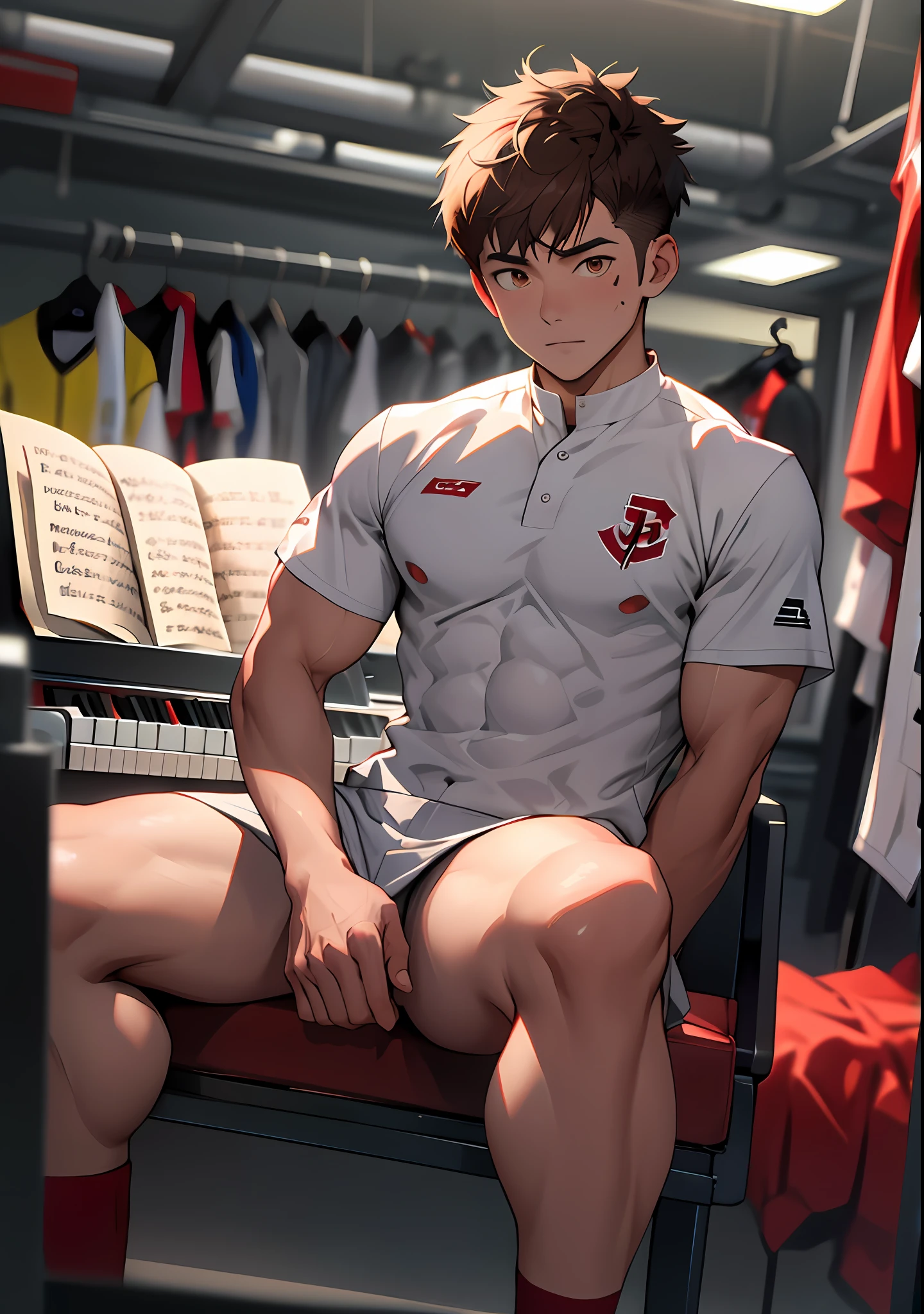 (Masterpiece, Best quality), 1人, musculous, short detailed hair, with brown eye, 复杂, (dress room), full bodyesbian, The white baseball uniform opens, vivd colour,(depth of fields:1.2),(Abs),Be red in the face,looking at viewert,A piano,spread their legs,Naked lower body without pants