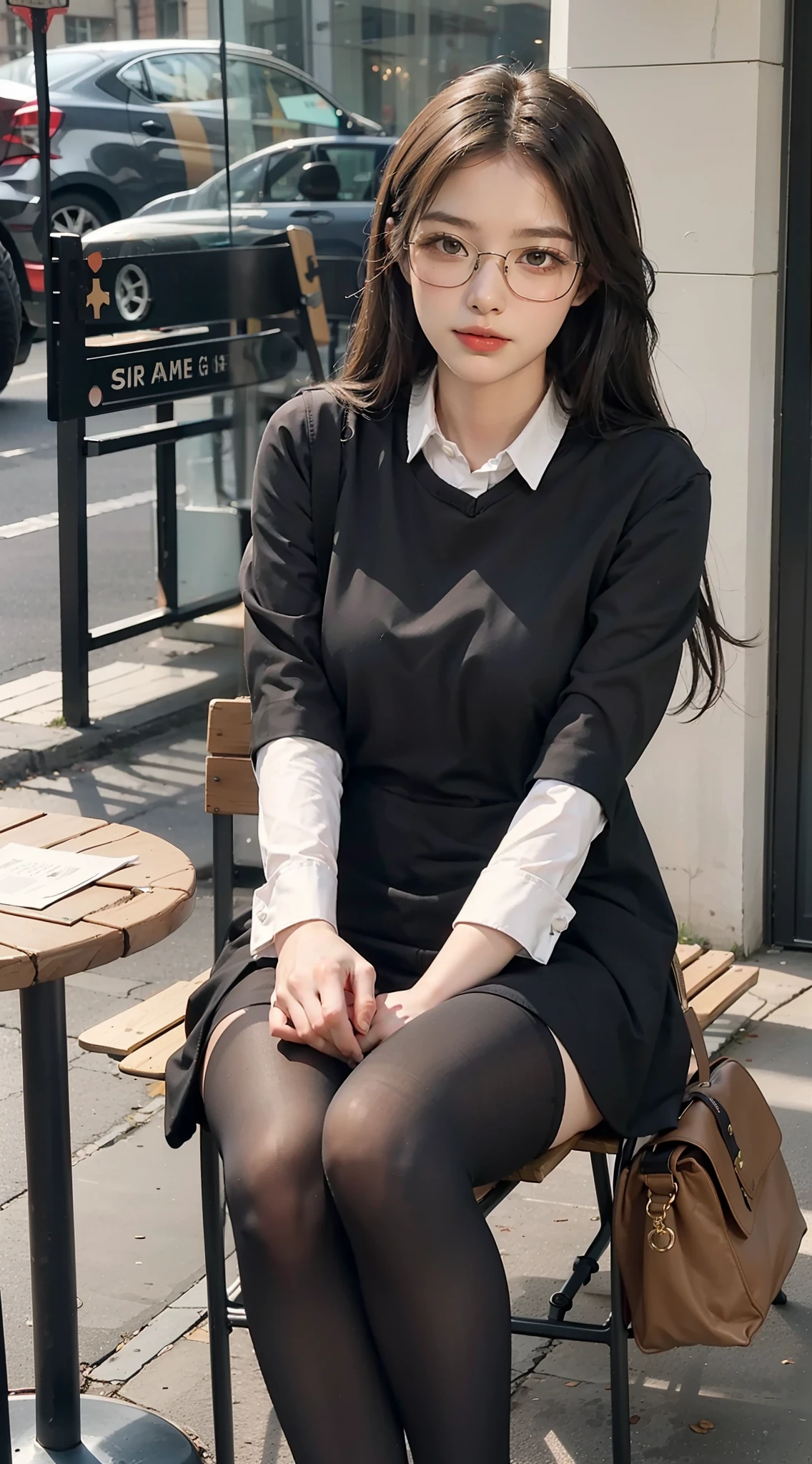 Sit on a bench in the café,Next to a round coffee table