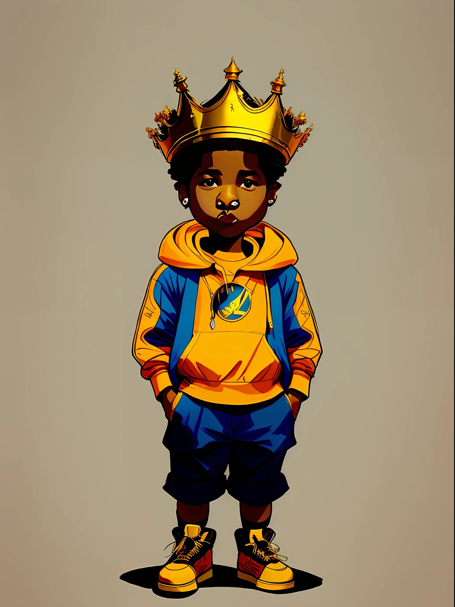 Picture of a boy standing, with a Golden Crown on his head, vestindo roupas estilo hip-hop, com uma corrente dourada