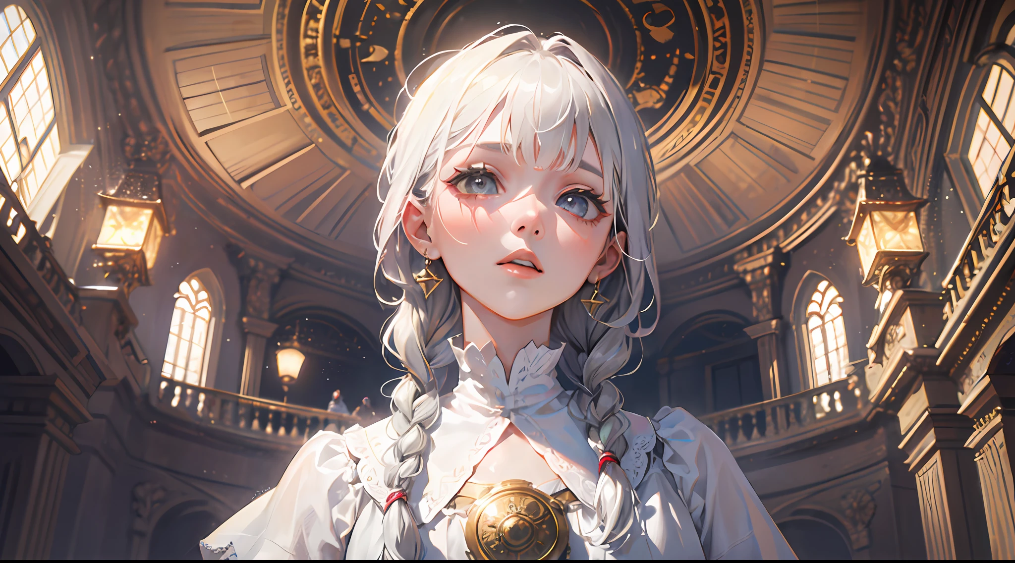 Top quality, masterpiece, gray hair, gold-eyed, white clothes, look up, hair strands, fair skin, side braids