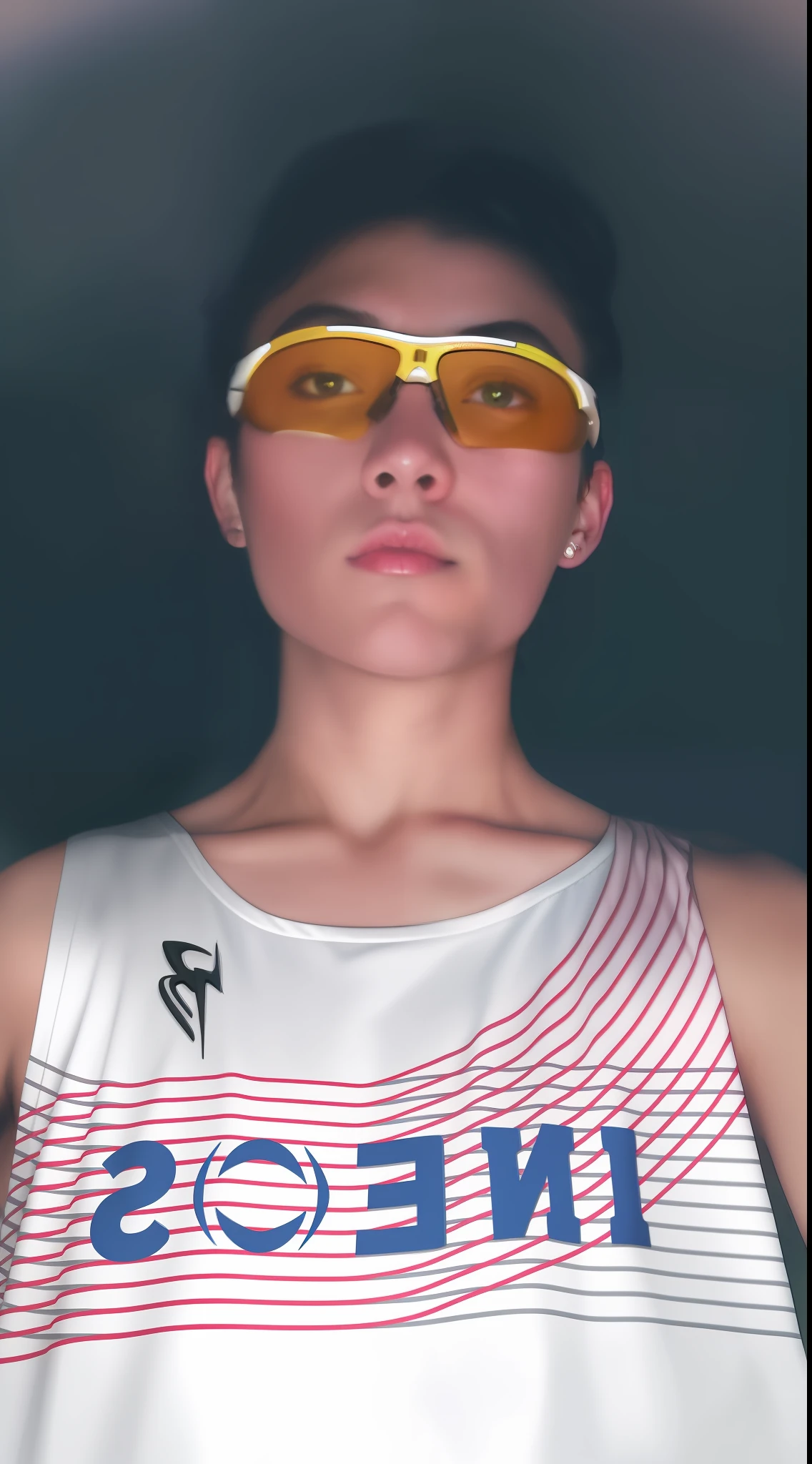 There was a man wearing sunglasses and a vest with red and white stripes, front profile!!!!, centered face shot, wearing track and field suit, with neon visor, goggles on forehead, wearing fitness gear, low quality photo, very very low quality picture, frontshot, Sweaty face, fit pic, 8k selfie photograph, photo 8 k, tired half closed,Create an anime avatar