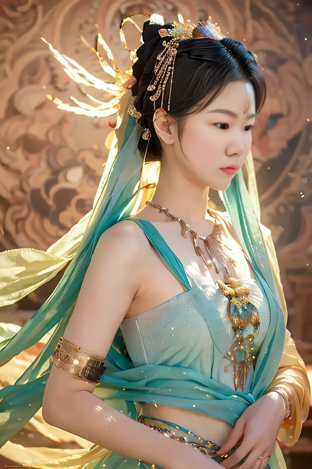 (8k, RAW photo, best quality, masterpiece:1.2), (realistic, photo-realistic:1.4), (extremely detailed CG unity 8k wallpaper), 1 girl solo, (from below:1.2), dance, dunhuang_dress, dunhuang_style, dunhuang_background,