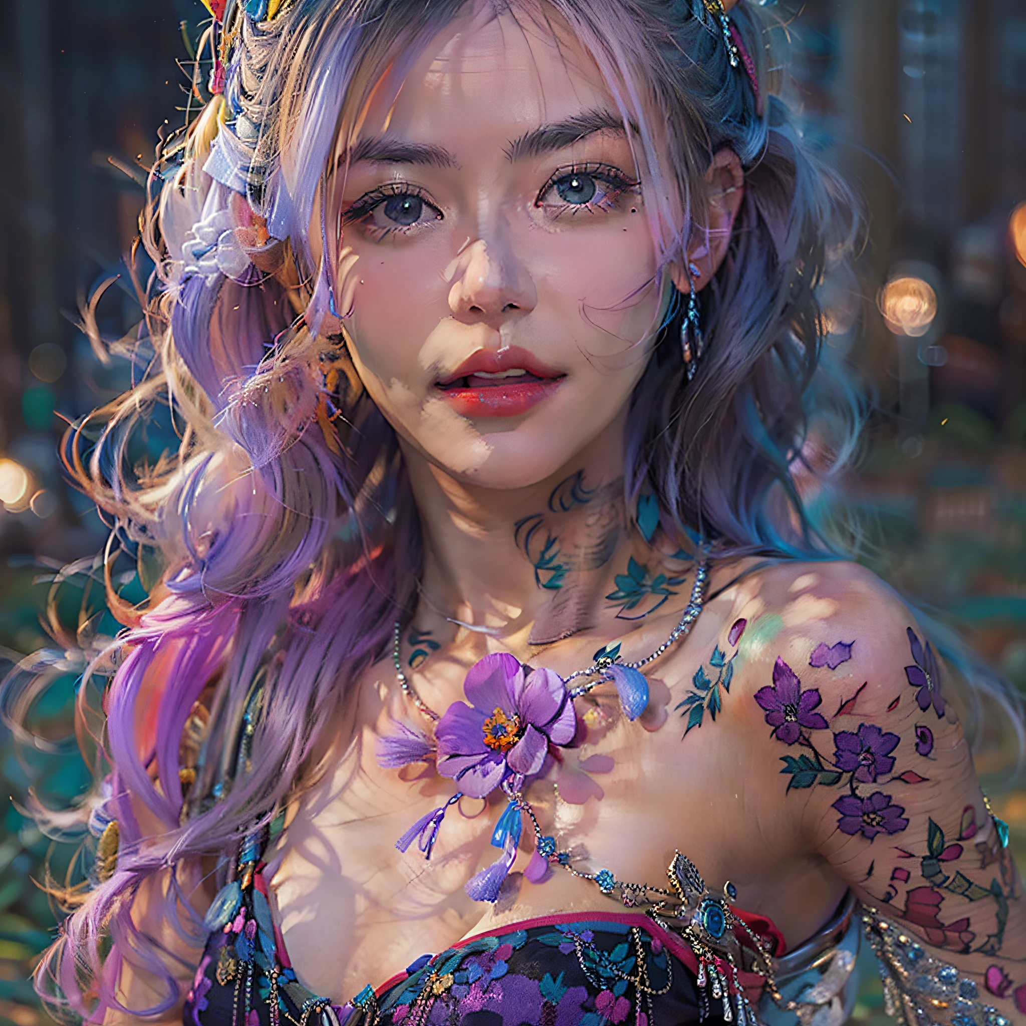 Elegant evening dress, very detailed eyes and faces, portraitures, Bust, Tattooed with,Night's, beachside, neonlight, violet flower,french braid, Colored inner hair, Blonde hair, Hairline, Star-shaped pupils, Purple eyes, smiley, Light smile, Chiaroscuro, surrealism, hyper photorealism, Mannerism, hyper HD, Best quality, Super detail, A high resolution, High details, High quality, Textured skin