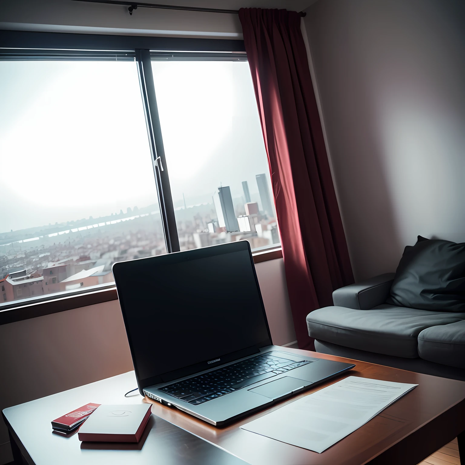 foco no laptop e caderno encima da mesa, com uma cadeira vermelha do lado, dark room with intimate lighting and large window with city, sem nenhuma pessoa na imagem, fotorealista (DSLR) --auto