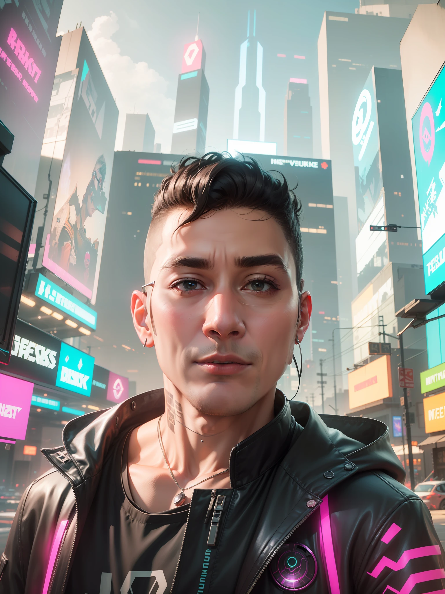 a man in a black jacket and glasses stands in front of a futuristic city, vr game, cyberpunk vibe, cyberpunk vibes, deeper into the metaverse we go, has cyberpunk style, cyberpunk theme, in cyber punk 2077, cyberpunk futuristic, cyberpunk future, synthwave, wearing cyberpunk streetwear, futuristic cyberpunk, cyberpunk tech, retro cyberpunk, synthwave style