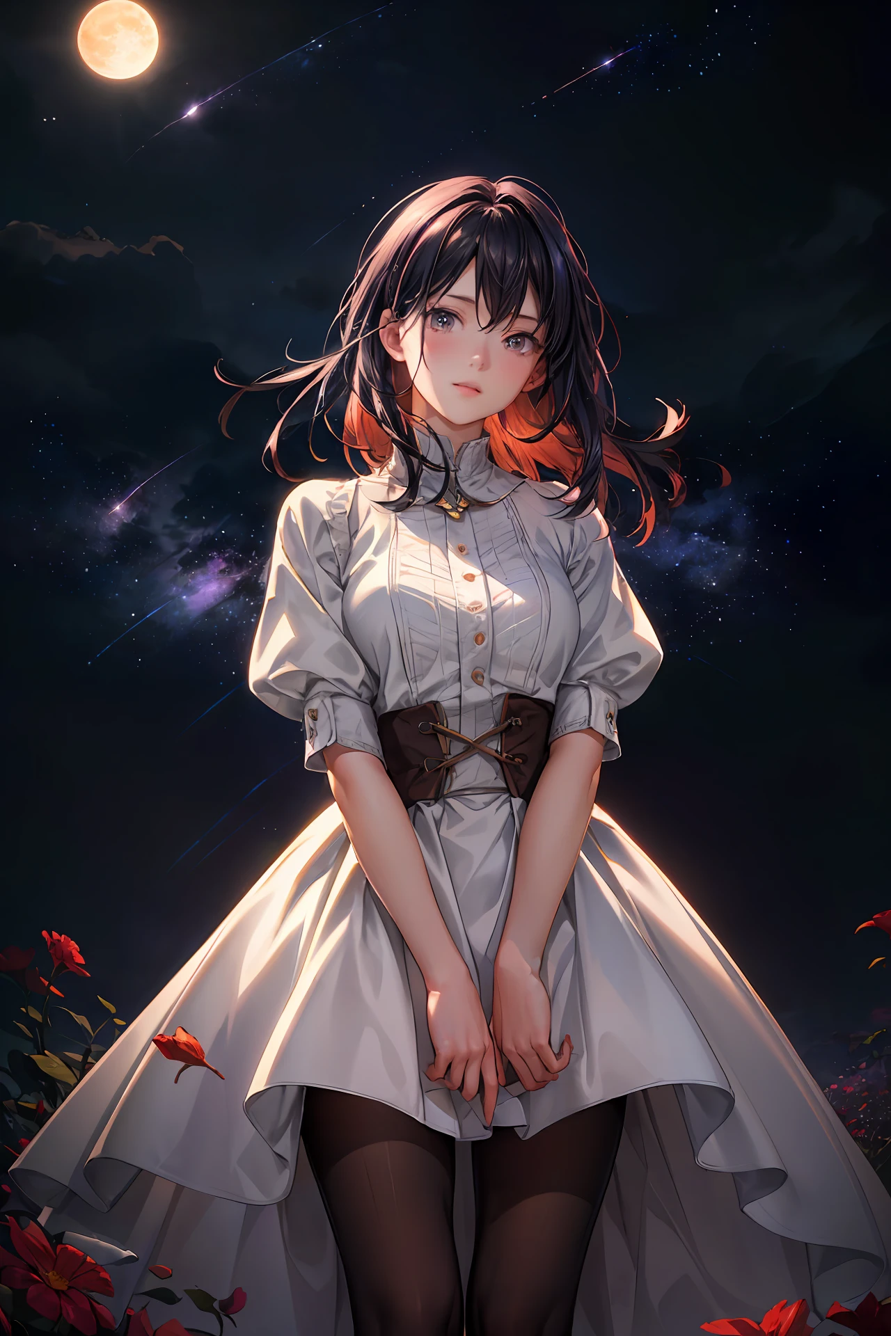 expansive landscape photography, (a bottom view showing the sky above and open country below), a girl standing in a field of flowers looking up, (full moon: 1.2), (shooting stars: 0.9), (nebula : 1.3), distant mountain, BREAK tree production art, (warm light source: 1.2), (Firefly: 1.2), lamp, lots of purple and orange, intricate details, volumetric lighting, BREAK realism (masterpiece: 1.2) , (best quality), 4k, ultra-detailed, (dynamic compositing: 1.4), highly detailed, colorful details, (iridescent colors: 1.2), (bright lighting, atmospheric lighting), dreamy, magical, (solo: 1.2)