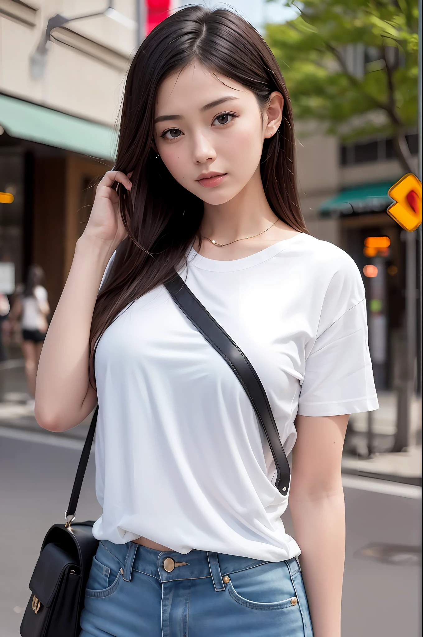 (8K, highest quality, masterpiece: 1.3), (realistic, photorealistic: 1.4), ultra high definition, 1 girl, (japanese female), (hanging breasts), (sagging breasts), (high-definition cute face), (white T-shirt), (crossbodybag: 2), citystreet, professional lighting, high-definition fingers, high-definition eyes, high-definition teeth, upper body