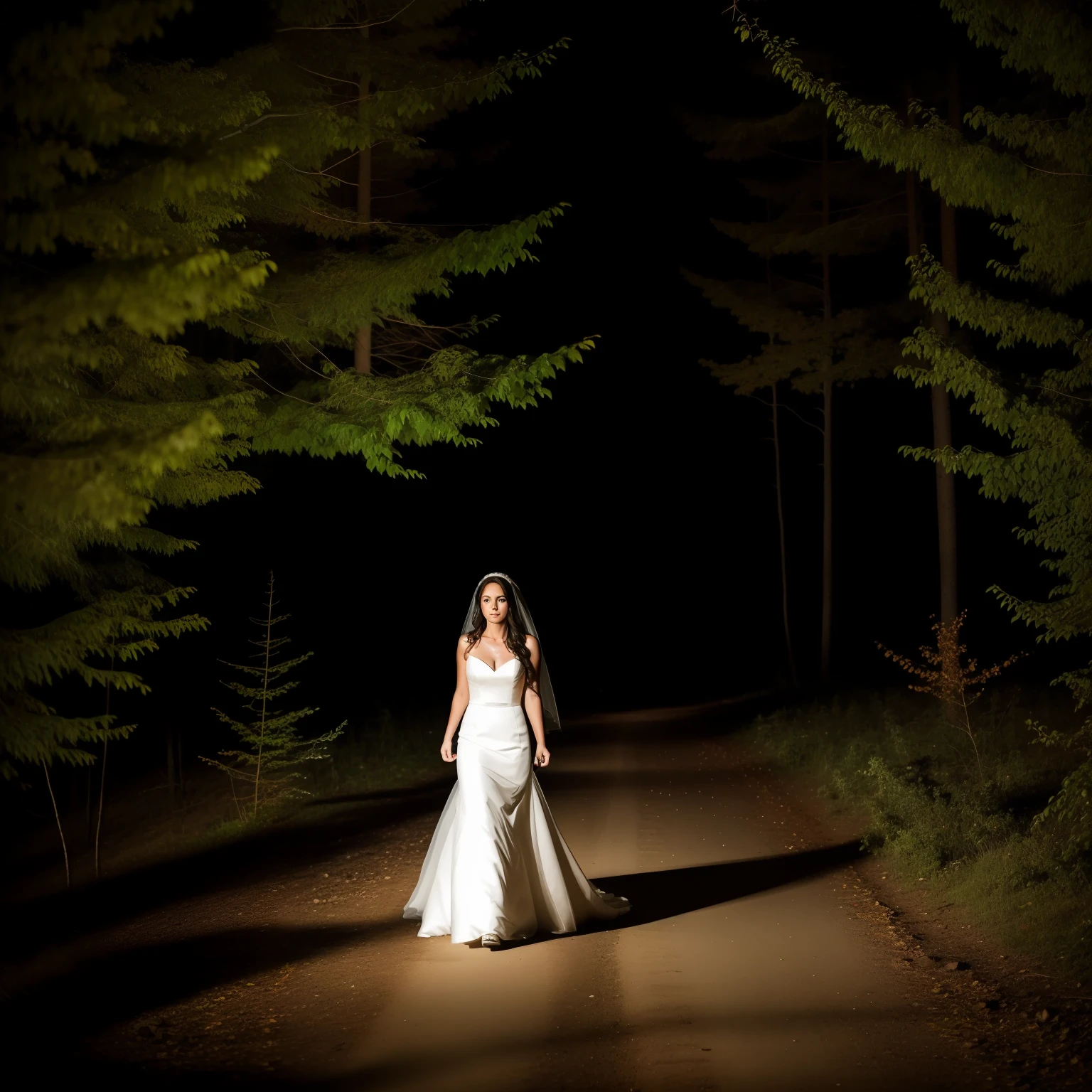 nervous bride is walking in the woods alone at night, beautiful woman, 1girl, dense forest, nighttime