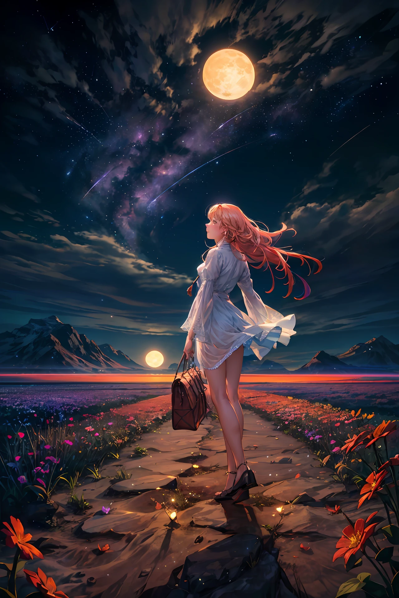 expansive landscape photography, (a bottom view showing the sky above and open country below), a girl standing in a field of flowers looking up, (full moon: 1.2), (shooting stars: 0.9), (nebula : 1.3), distant mountain, BREAK tree production art, (warm light source: 1.2), (Firefly: 1.2), lamp, lots of purple and orange, intricate details, volumetric lighting, BREAK realism (masterpiece: 1.2) , (best quality), 4k, ultra-detailed, (dynamic compositing: 1.4), highly detailed, colorful details, (iridescent colors: 1.2), (bright lighting, atmospheric lighting), dreamy, magical, (solo: 1.2)