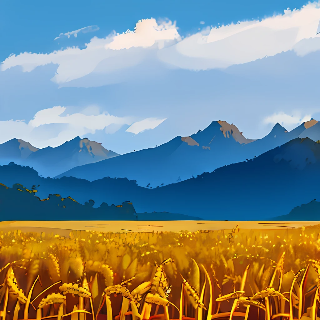 Farmers cut wheat in the distant mountains and white clouds