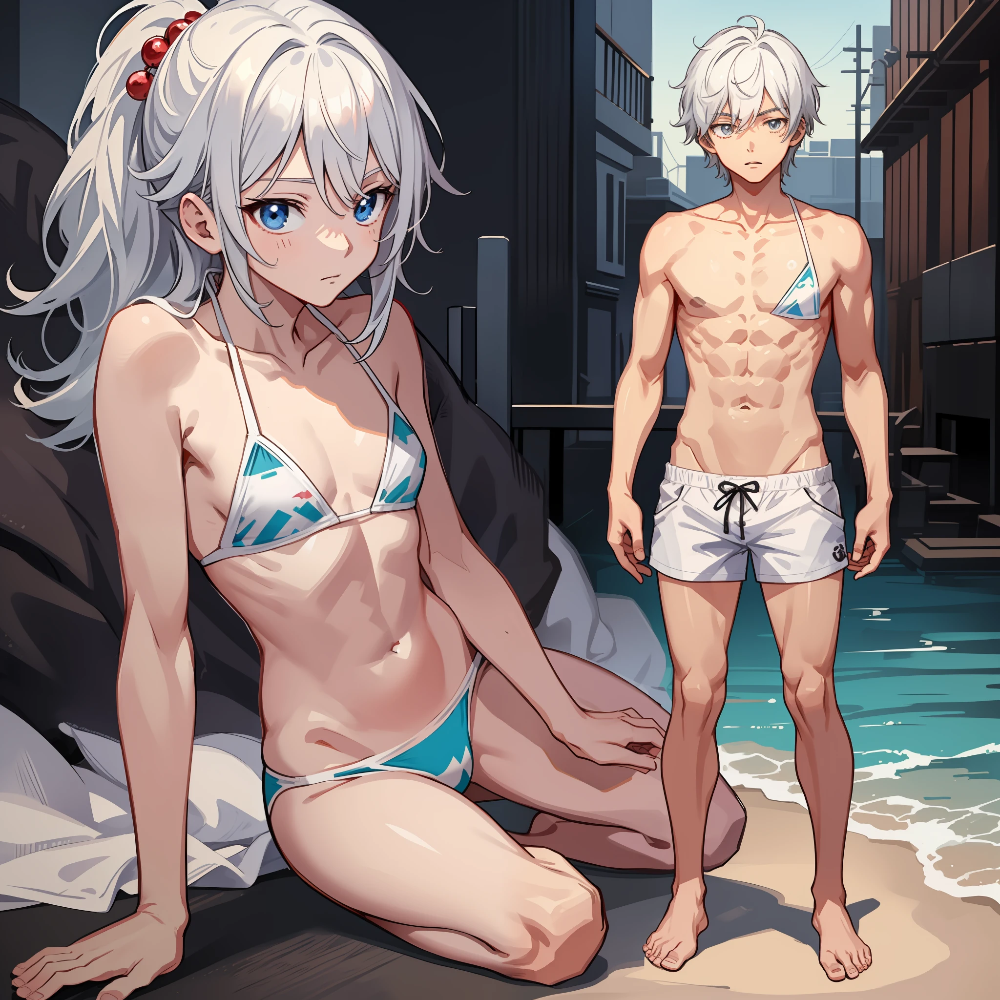 (Anime style+Soft cute)Cute and effeminate boy,white color hair,solo,barefoot,swimsuit,open clothes,highres,original,anatomically correct,super detail