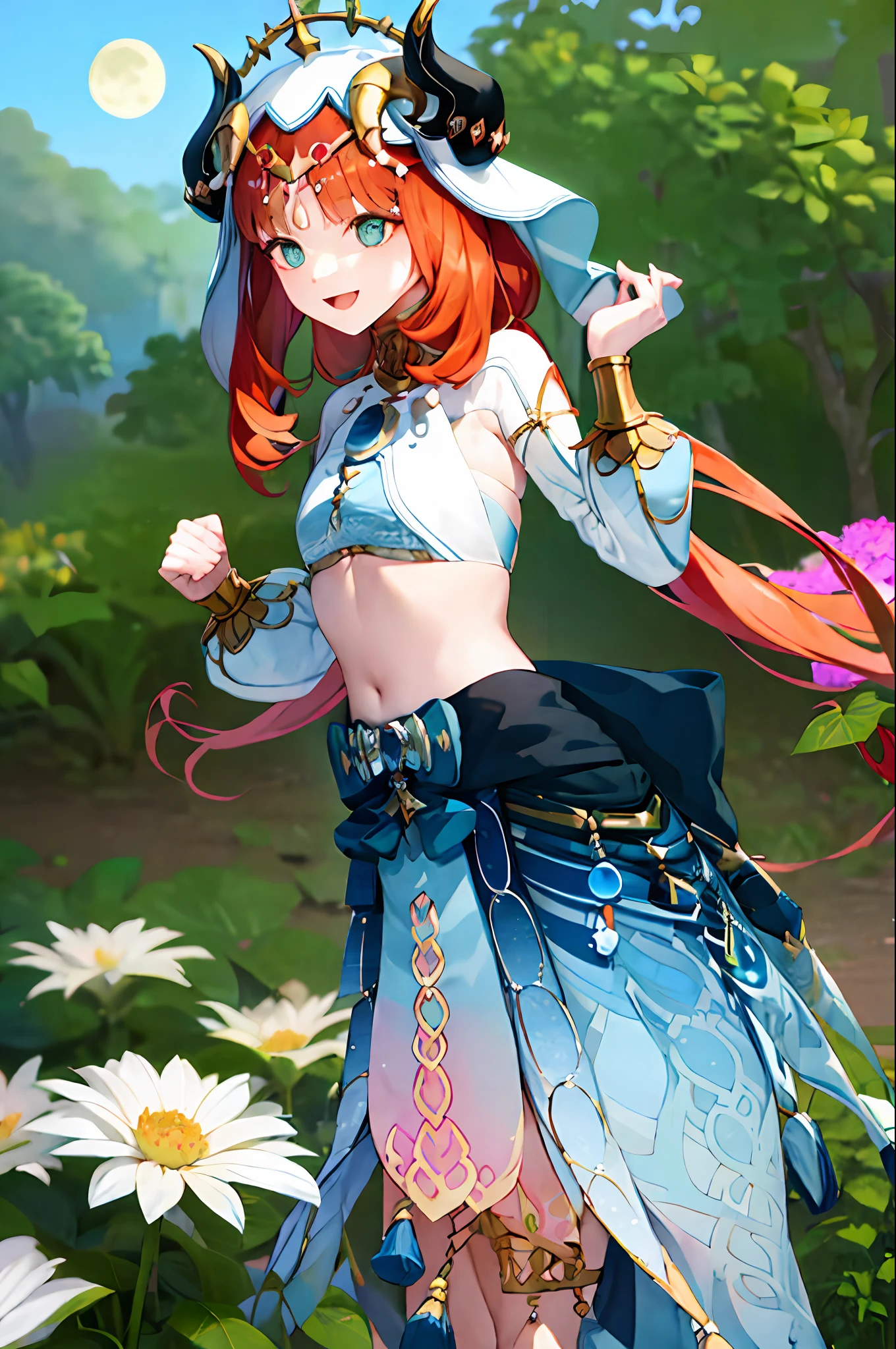 (Realistic painting style:1.1)、masterpiece、top-quality、absurderes、nilou(Neither flowers nor mist)(GenshinImpact)、aqua eyes、nilou(GenshinImpact)、fake horns、1girl in、独奏、red hairs、veils、a smile、a moon、length hair、croptop、jewely、banya、natta、bracers、brooches、long-sleeve、puffy long sleeves、looking at the viewers、skirt by the、bangss、Twin-tailed、Eau、puffy sleeves、Skysky、neck rings、open open mouth、 :d, fullmoon, nigh sky, florals, harem outfit, gold trim, partedbangs, Raise your arms, breastsout, circlet, plein air, a blue skirt, hair adornments, Independent sleeves, low twintails, Floating hair, Pedras preciosas, flower in hair, blue gemstone, hand up, dancers, White cap, tiny chest, stomach, Midriff, cowboy shot, blue bow, Very long hair、Mare