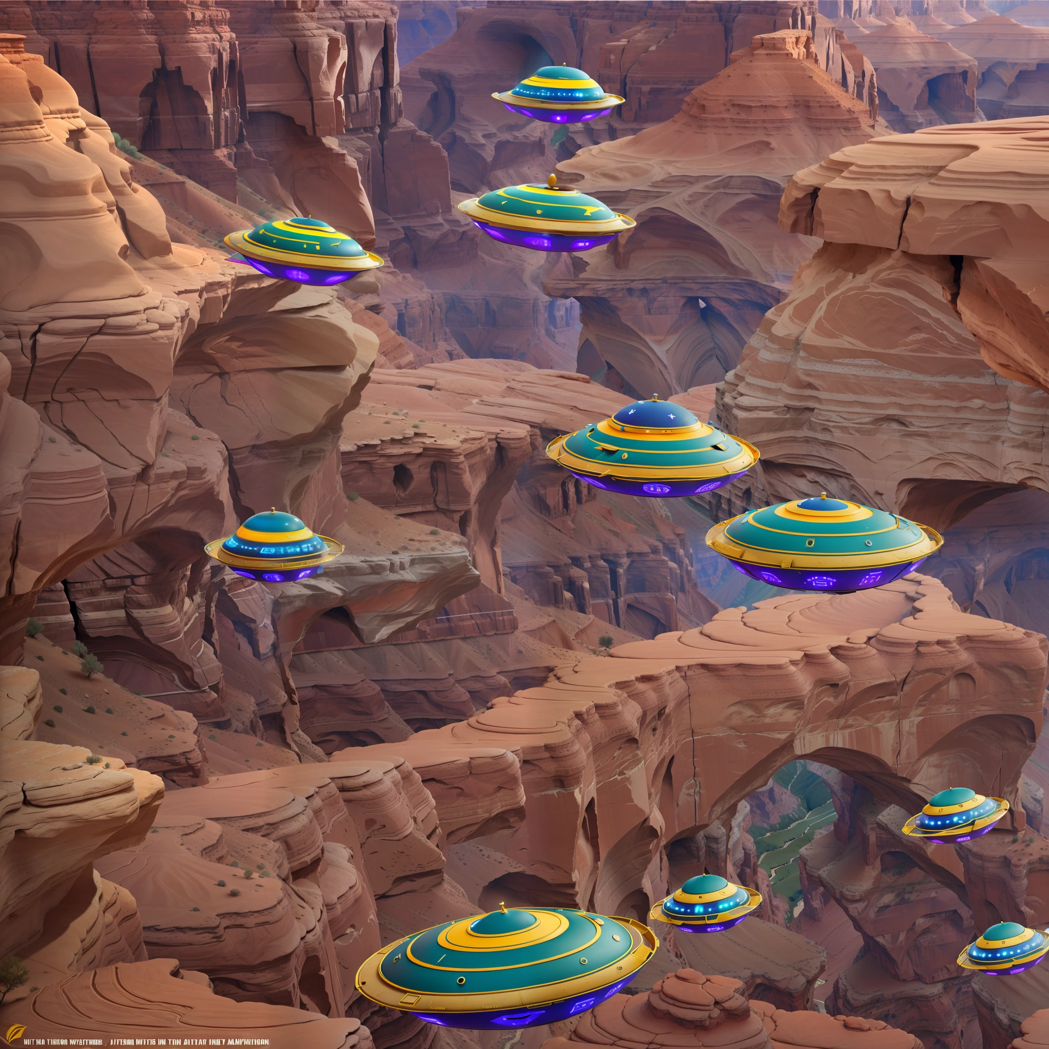ufos racing in an alien landscape into a canyon