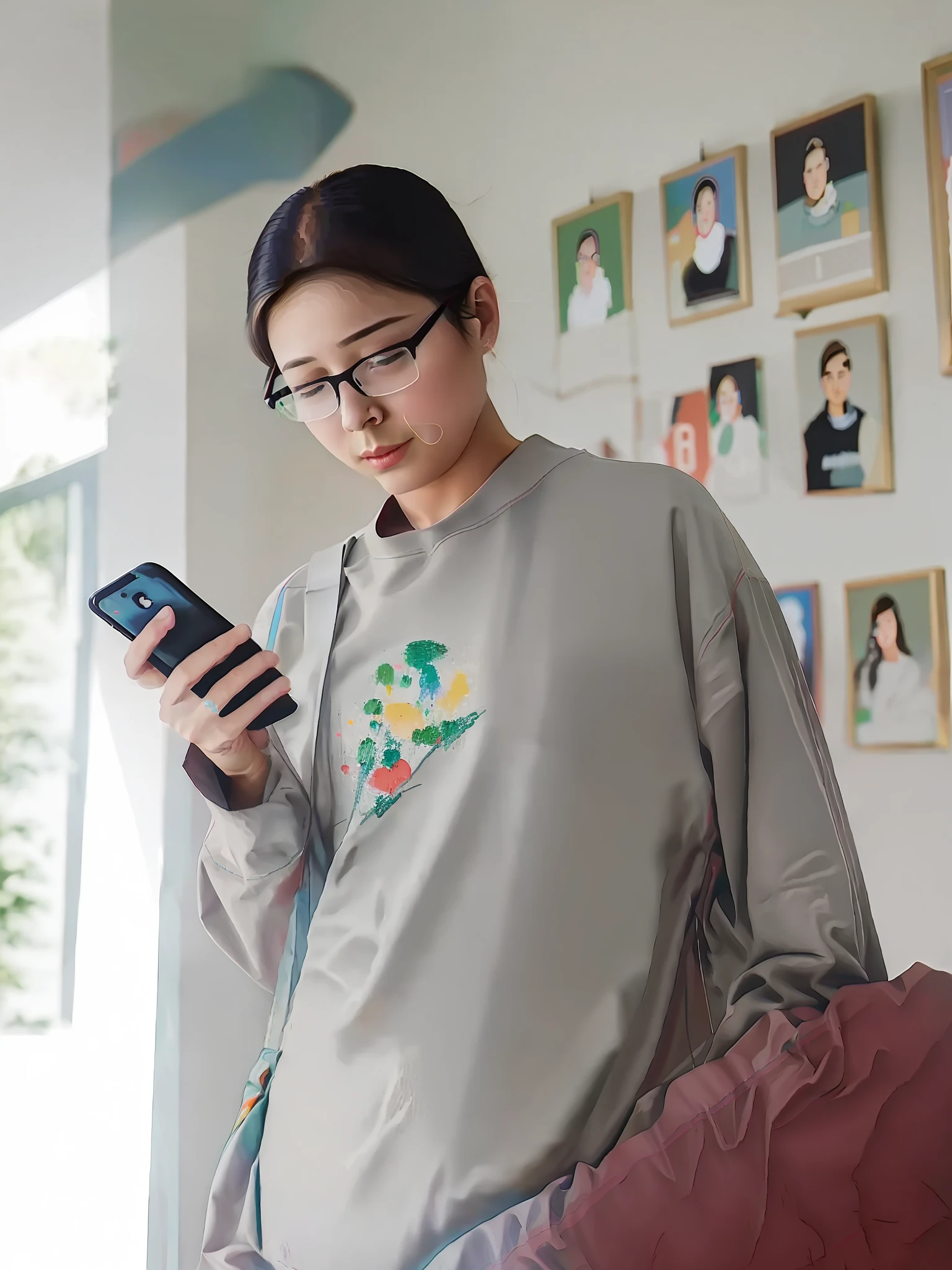 (Better image quality,The painting style is hazy)interior setting,(One or one)Brunette pseudonym,(at ease)Wear casual clothing,Hold the phone in your left hand,Place your right hand on one side of your body,(Natural posture)The side head looks up slightly at the phone。
