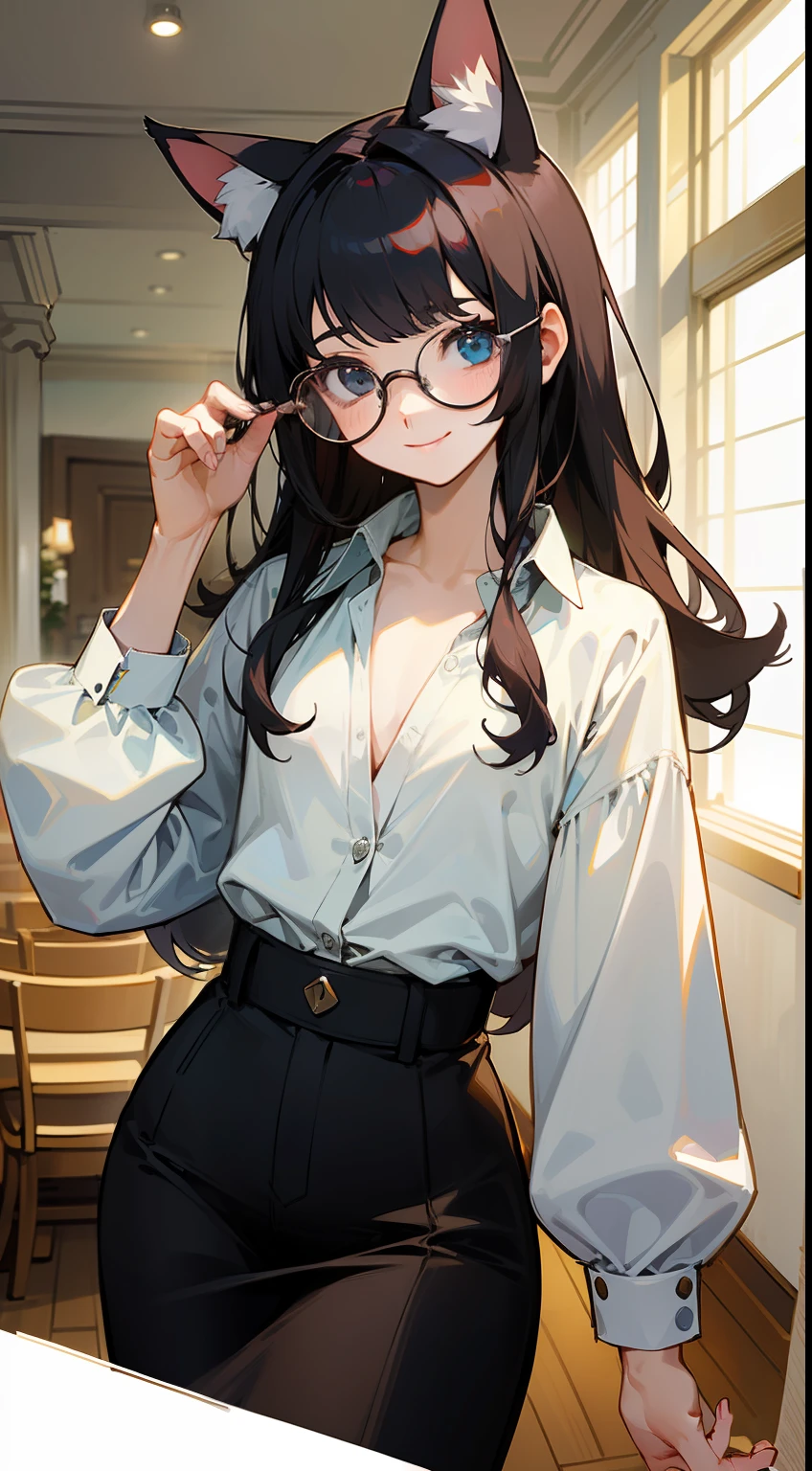 ((Master masterpiece)), ((Top image quality)), illustratio, The girls１Guys, Hair color, Bangs, Hairstyle Fax,Cat's ears、 slender、constricted hips、((Smaller chest))、A dark-haired、Simple white blouse、cafeteria、Iced tea and glasses、She looks at me with a smile.