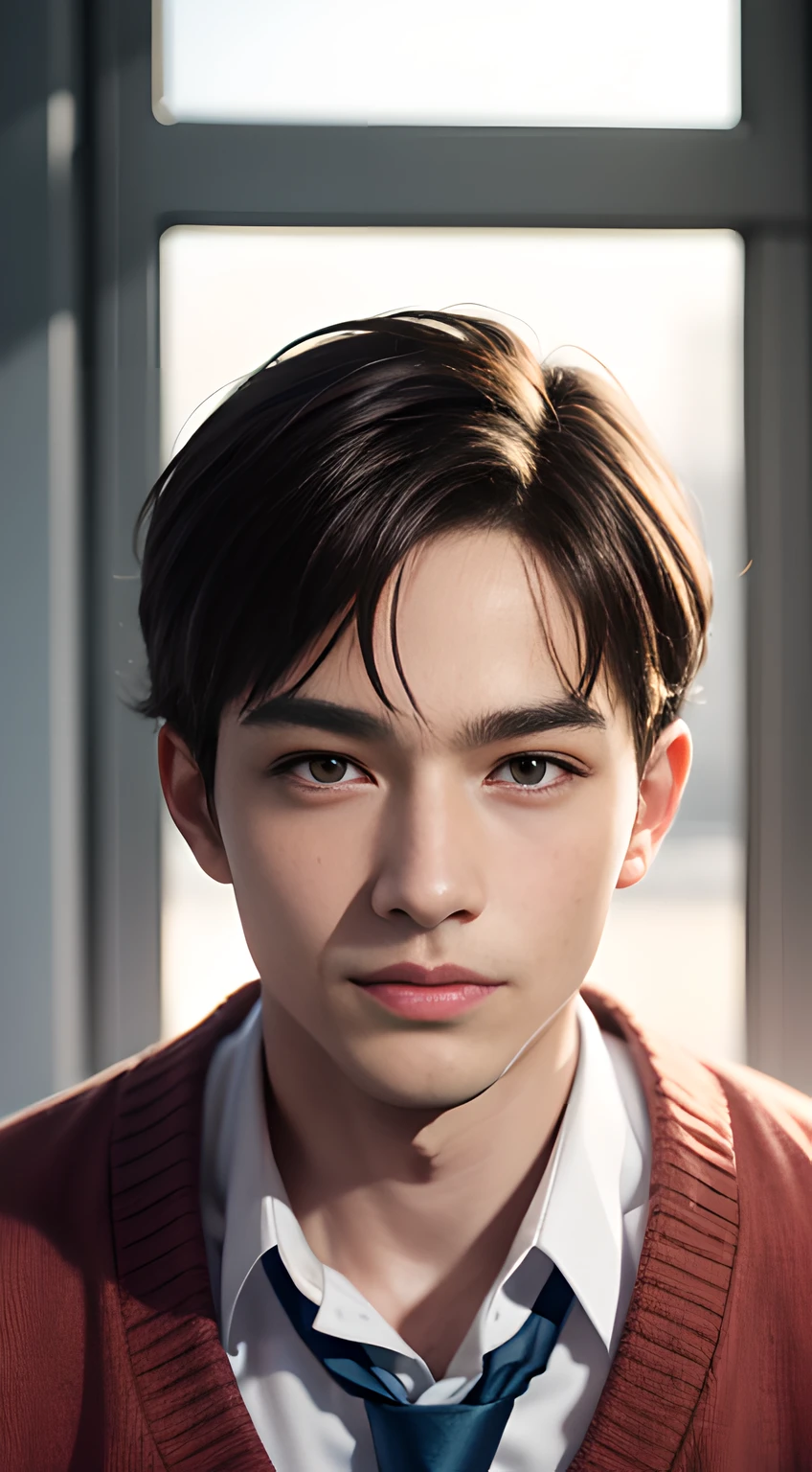((Man only)), (head Shot), (handsome muscular high school boy in the classroom of high school), short brown hair, (He resembles Chris Redfield from Resident Evil), He is wearing a pink cardigan and a tie, Mischievous smile, (detaile: 1 in 1), Natural muscles, HIG quality, beautidful eyes, (Detailed face and eyes), (Face、: 1 / 2), Noise, Real Photographics、... ..............................................................PSD, Sharp Focus, High resolution 8K, realisitic & Professional Photography, 8K UHD, Soft lighting, High quality, Film grain, FujifilmXT3