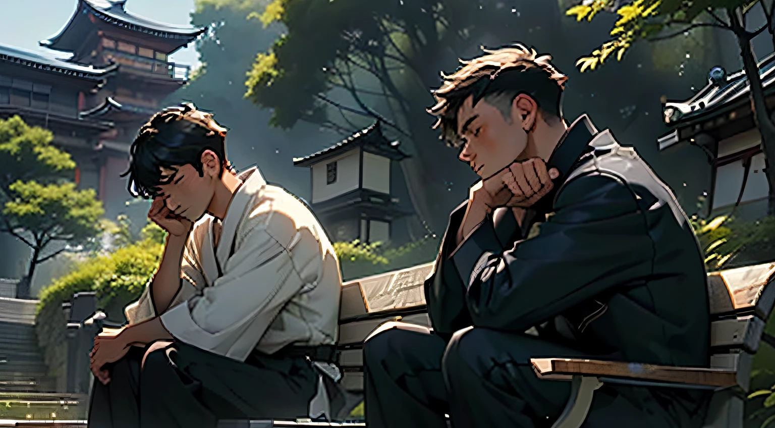 1man , ((highest quality)), ((masterpiece)), (details: 1.4), (sad man)), ((very sad)), sad face,(struggling))), ((disappointed)), ((lost thought)), ((worried)), ((profile picture)), ((worn-out suit)), ((young Japan in their twenties)), (alafed)), (sitting on a bench)), (ja:1.2) --auto