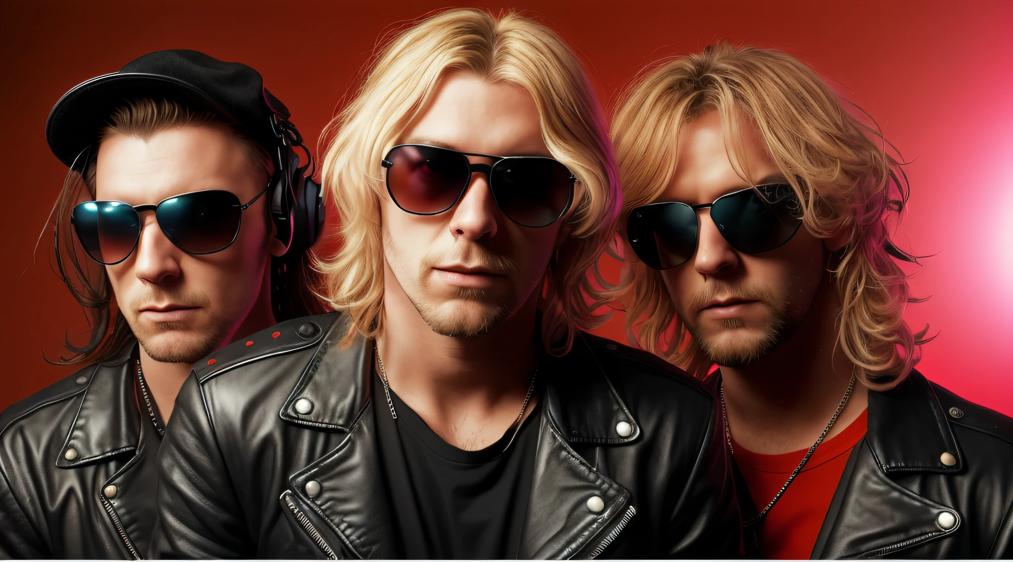 3 BLONDE BOYS LONG HAIRED, in black leather jackets and sunglasses, HALF BODY, SOFT RED BACKGROUND LIGHTS, posing for a photo, high quality photo, very low quality image, heavy rock band promotional photo, phosphorescent, heavy metal band promo, photo of a promotional session, very high quality,  war photo, the scooter (EDM band, sinister vibe, the name of the band is Roborock