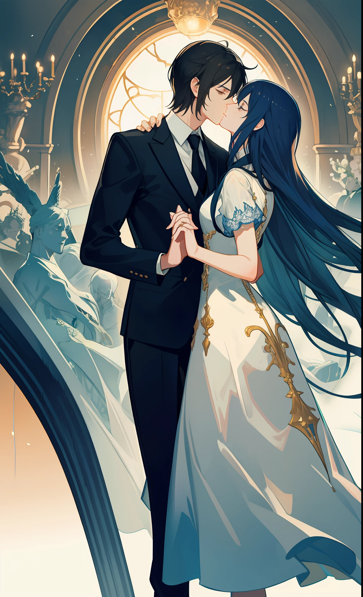 "Dreamlike atmosphere, masterpiece quality, couple, height difference, tender kiss, romantic embrace."