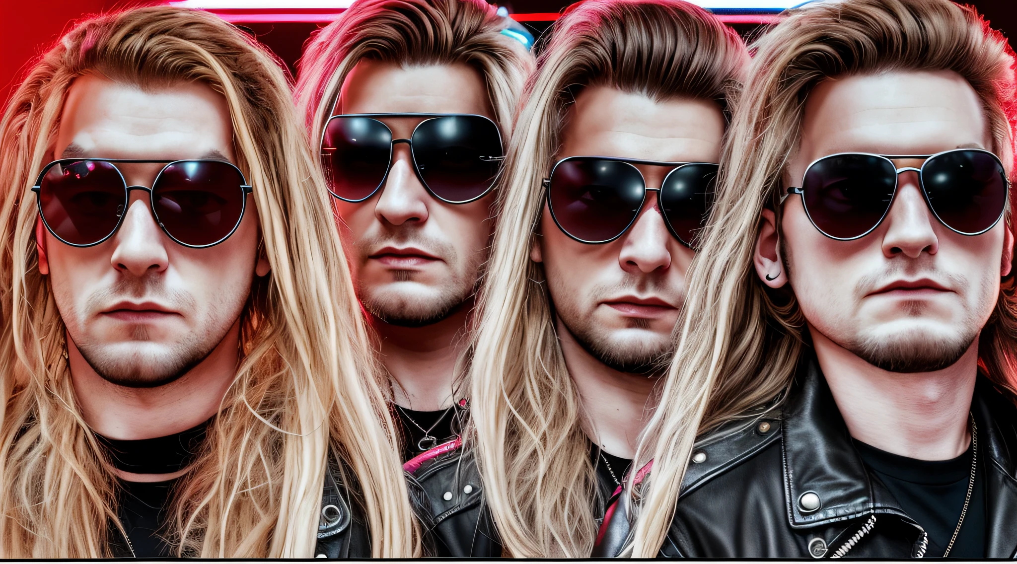 3 BLONDE BOYS LONG HAIRED, in black leather jackets and sunglasses, HALF BODY, SOFT RED BACKGROUND LIGHTS, posing for a photo, high quality photo, very low quality image, heavy rock band promotional photo, phosphorescent, heavy metal band promo, photo of a promotional session, very high quality, war photo, the scooter (EDM band, sinister vibe, the name of the band is Roborock
