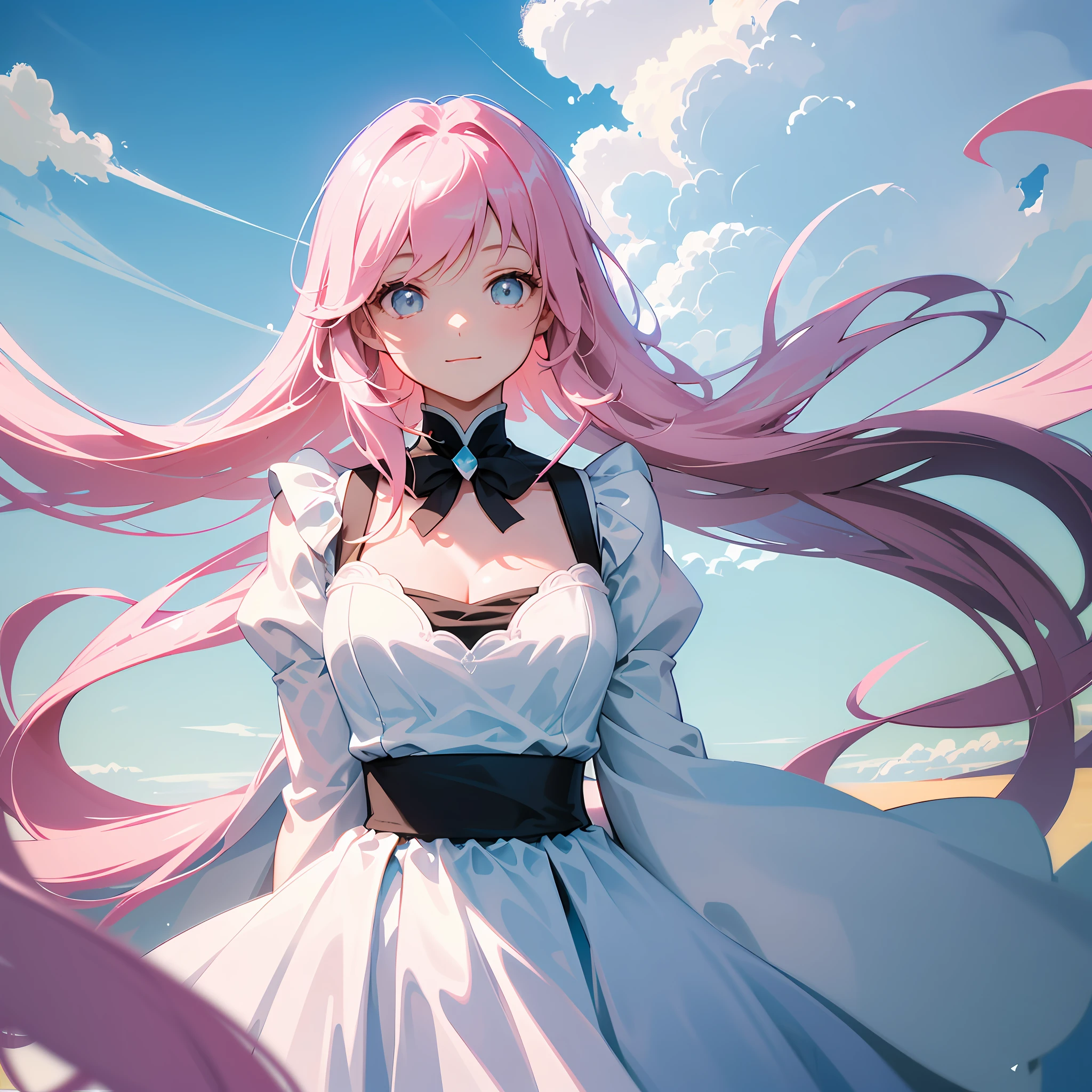 tmasterpiece,best qualtiy,cinematic Film still from,1girl,Floating in the sky,Cloud Girl,clouds,(closeup cleavage:1.1),brightly,cheerfulness,intriguing,gentlesoftlighting,(bauhause,shape,lineworks,abstracted:1.1),Pink