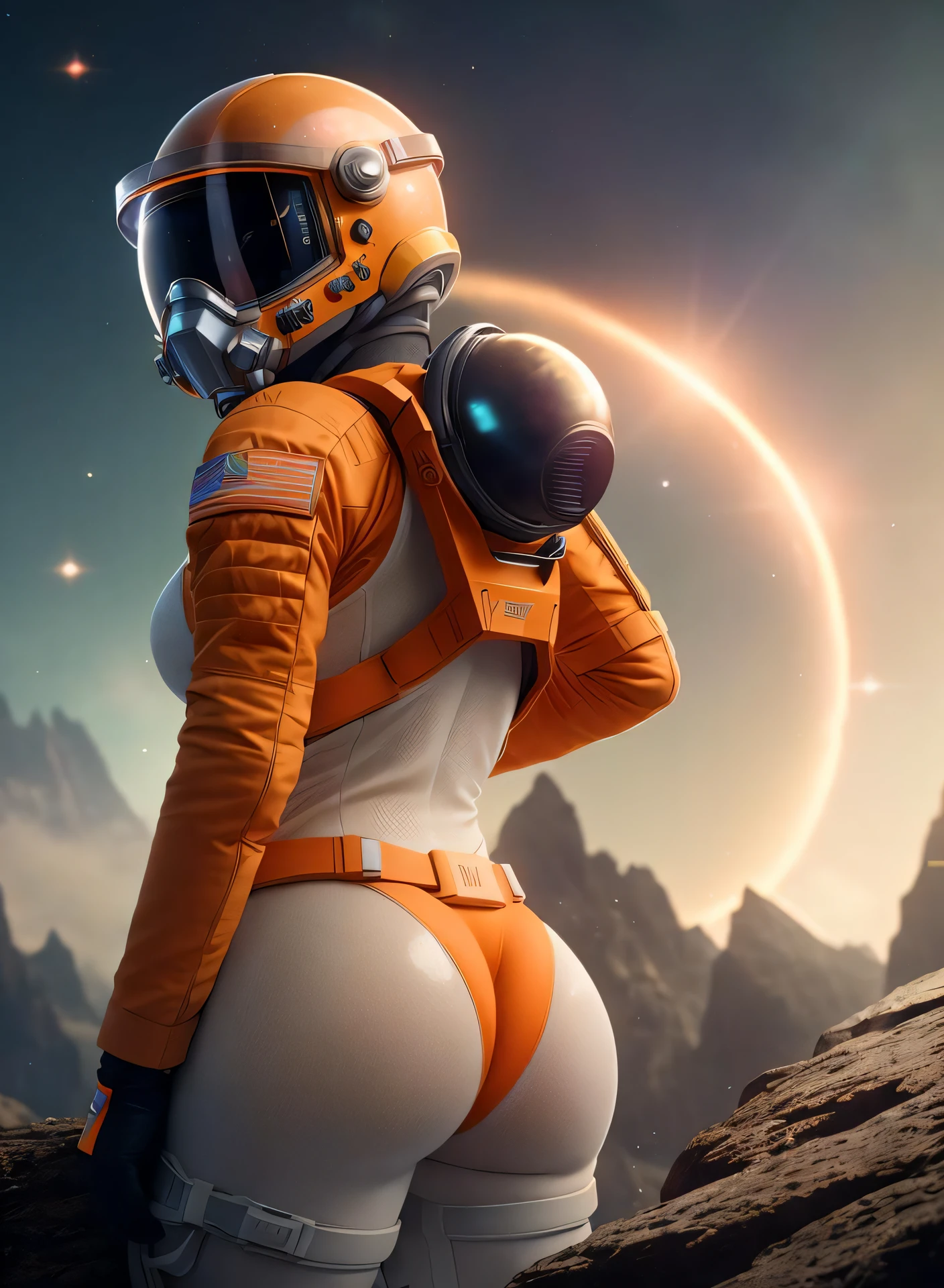 Highly detailed RAW color Photo, Rear Angle, Full Body, of (female space soldier, wearing orange and white space suit, helmet, tined face shield, rebreather, accentuated booty), outdoors, (looking up at advanced alien structure, on alien planet), toned body, big butt, (sci-fi), (mountains:1.1), (lush green vegetation), (two moons in sky:0.8), (highly detailed, hyperdetailed, intricate), (lens flare:0.7), (bloom:0.7), particle effects, raytracing, cinematic lighting, shallow depth of field, photographed on a Sony Alpha 1, 50mm wide angle lens, sharp focus, cinematic film still from Gravity 2013